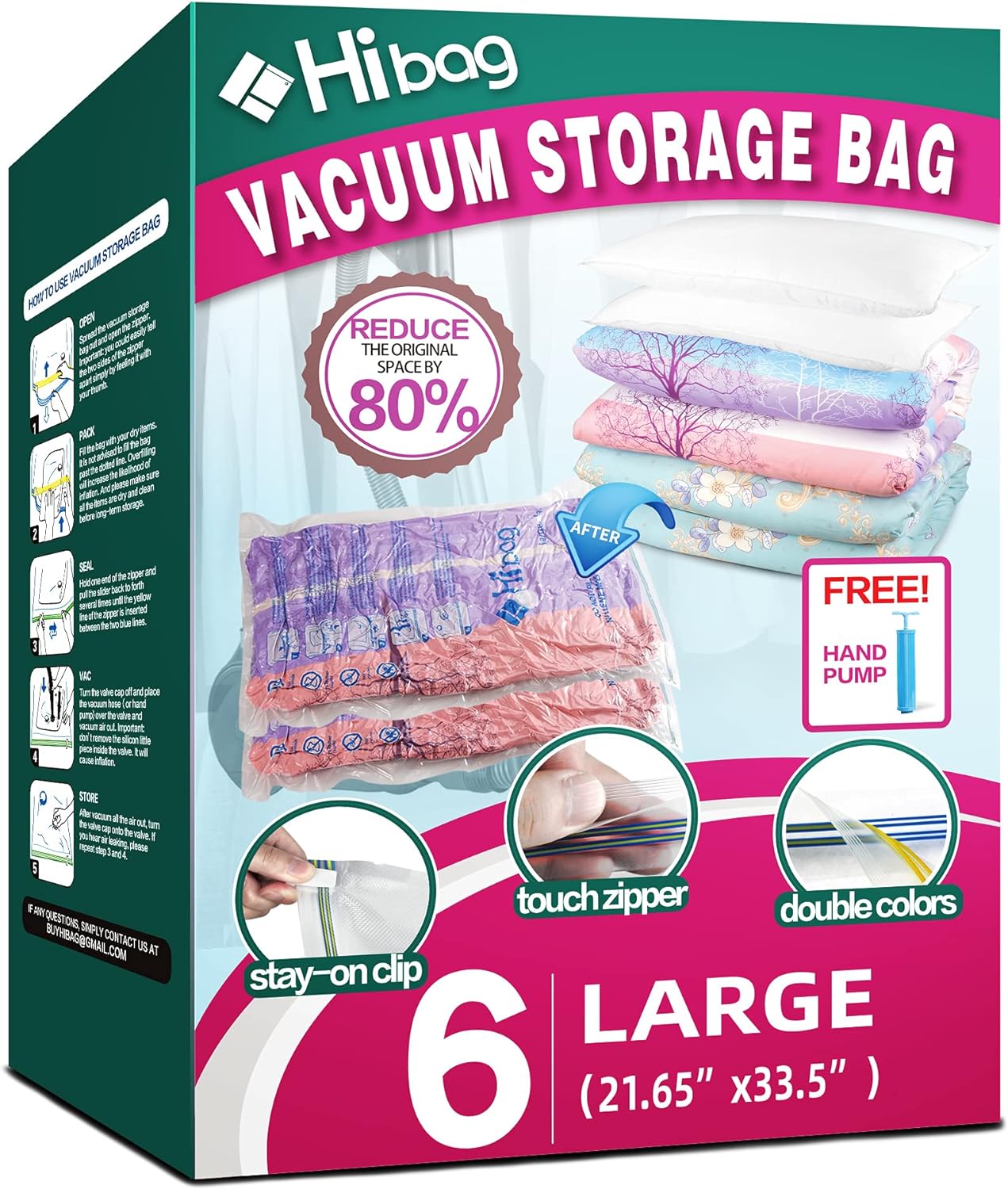 6 Pack Vacuum Storage Bags for Clothes, Clothes Vacuum Bags Save 80% Space, Work with Vacuum Cleaner, Travel Hand Pump Included (6-Large)