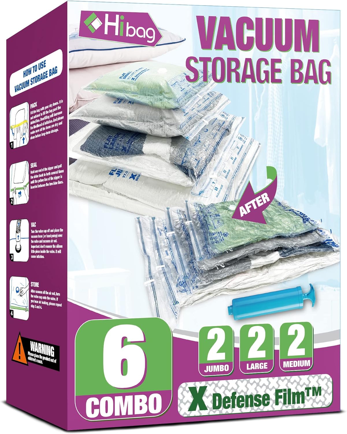 Vacuum Storage Bags, Space Saver Vacuum Seal Storage Bags 6-Pack Sealer Bags for Clothes, Clothing, Bedding, Comforter, Blanket (6C)