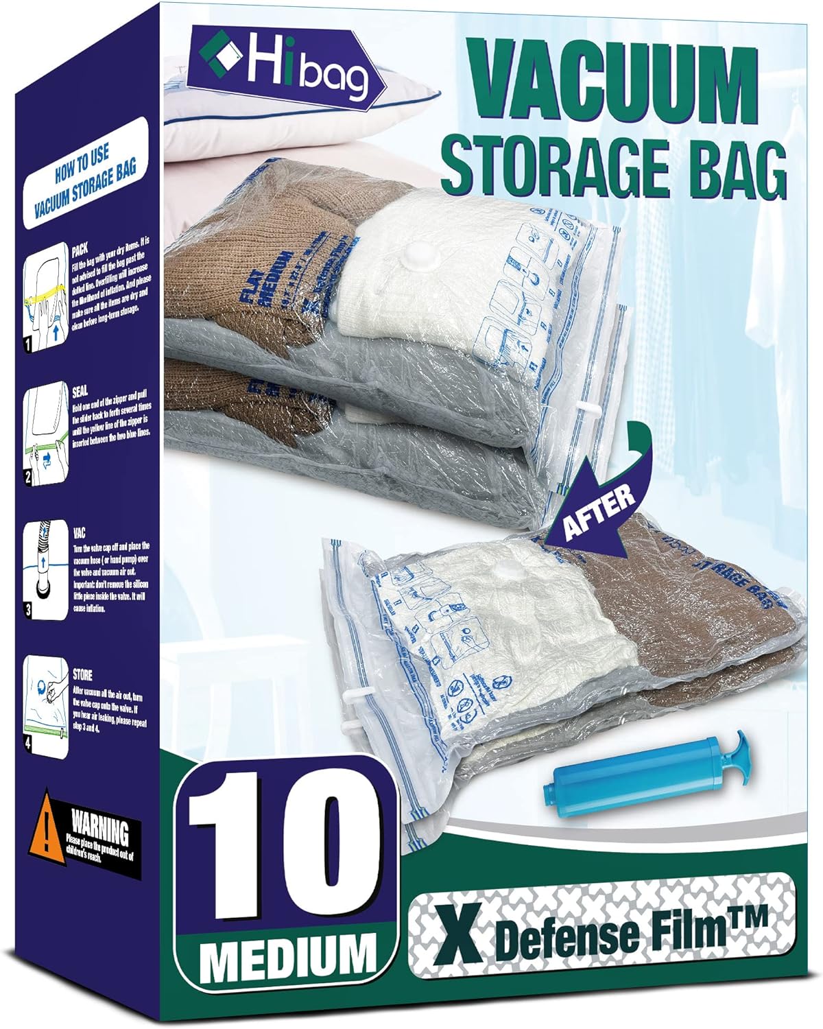 Vacuum Storage Bags, 10 Medium Space Saver Vacuum Seal Bags, Space Bags, Vacuum Sealer Bags for Clothes with Travel Hand Pump (10M)