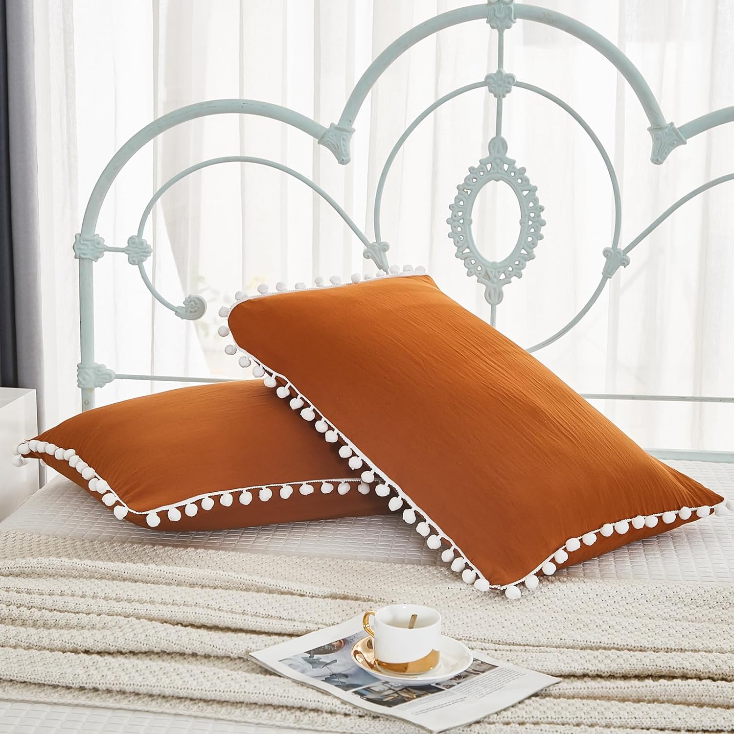 Bedbay Queen Pillowcases Set of 2,Burnt Orange Pillow Covers, Boho Pillowcases Standard Size,Pom Poms Pillow Cases,White Ball Tassel Decor Pillow Cases Queen 2 Pack(Burnt Orange,Queen (20''x30''))