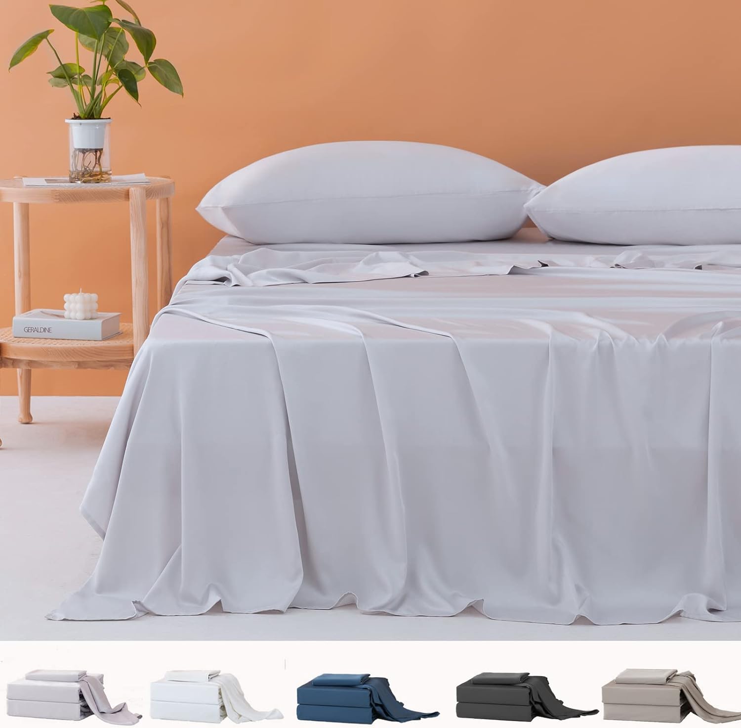 Bedbay Queen Sheet Set Bamboo Viscose,Silky Soft Cooling Sheets for Hot Sleepers,Luxury Queen Bed Sheets Deep Pocket Up to 16,1 Flat Sheet,1 Fitted Sheet,2 Pillowcases-Silvery Grey,Queen