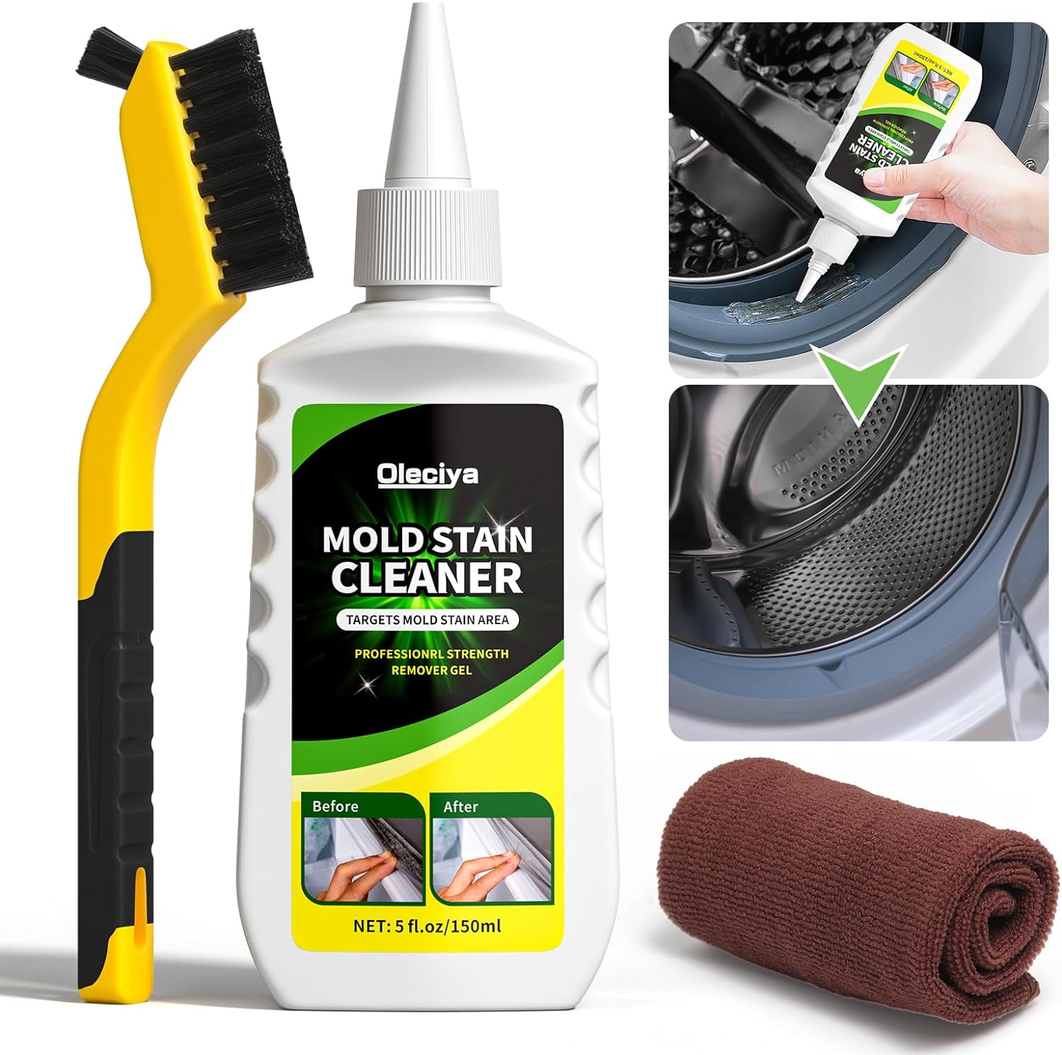 Mold Remover Gel, Household Mold Remover for Washing Machine Cleaner, Mold Removal Gel with Brush and Cloth for Kitchen & Shower, Kitchen Sink, Tiles, Grout, Bathroom and Refrigerator Strips