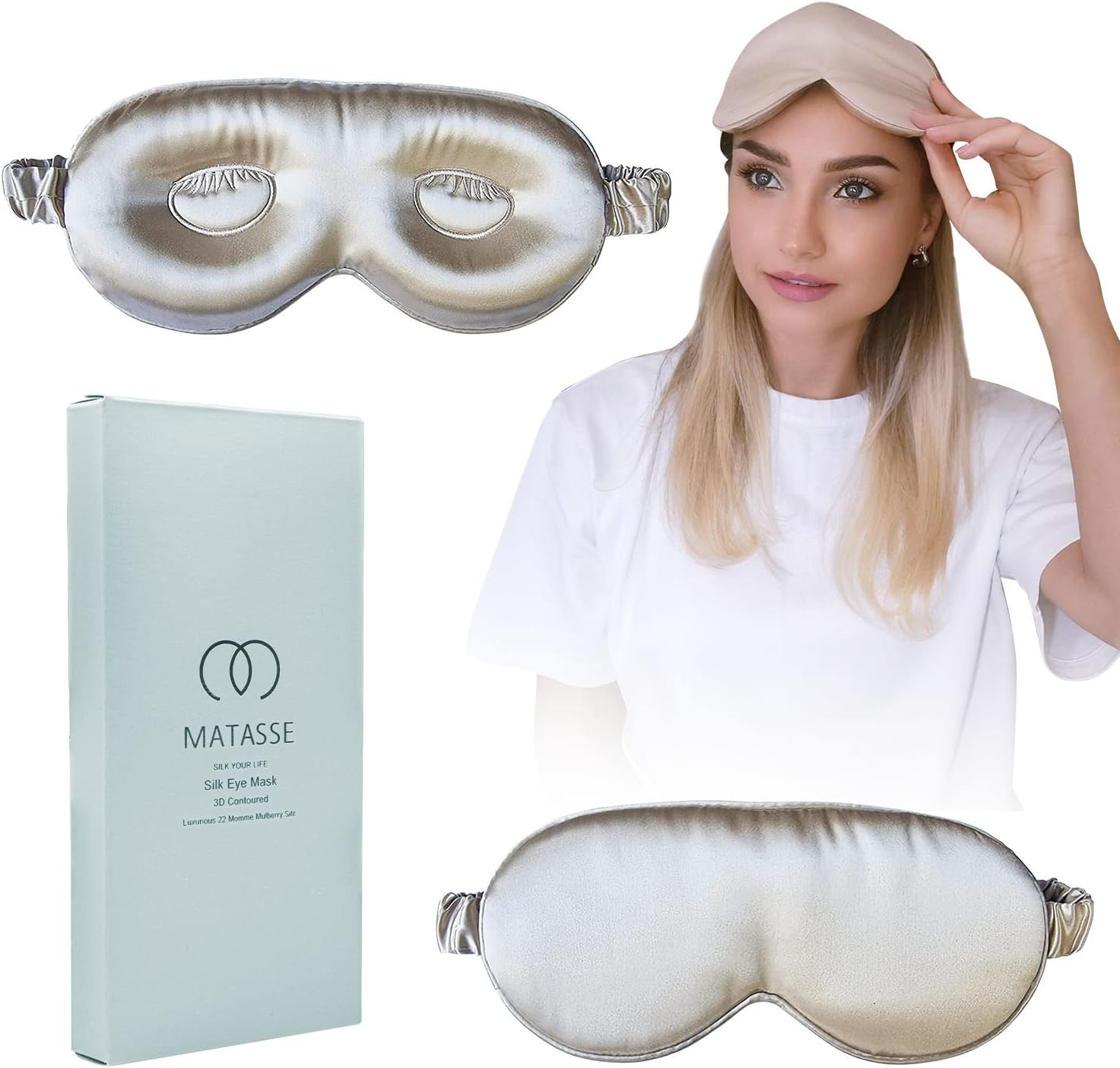 MATASSE 22 Momme Mulberry Silk Eye Sleeping Mask with Adjustable Strap- 3D Contoured Eye Mask for Sleeping, Eye Cover Sleep Mask w/Silk Covered Strap for Women, Men, Genuine Mulberry Silk, Champagne