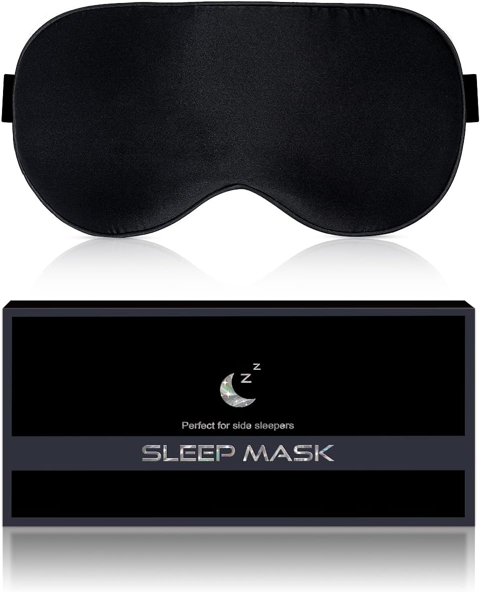 Silk Sleep Mask Light Blocking - Soft Breathable Organic Natural Mulberry Silk Fabric Blackout Eye Mask for Sleeping with Adjustable Straps No Pressure Eye Mask for Travel Essentials (Black)