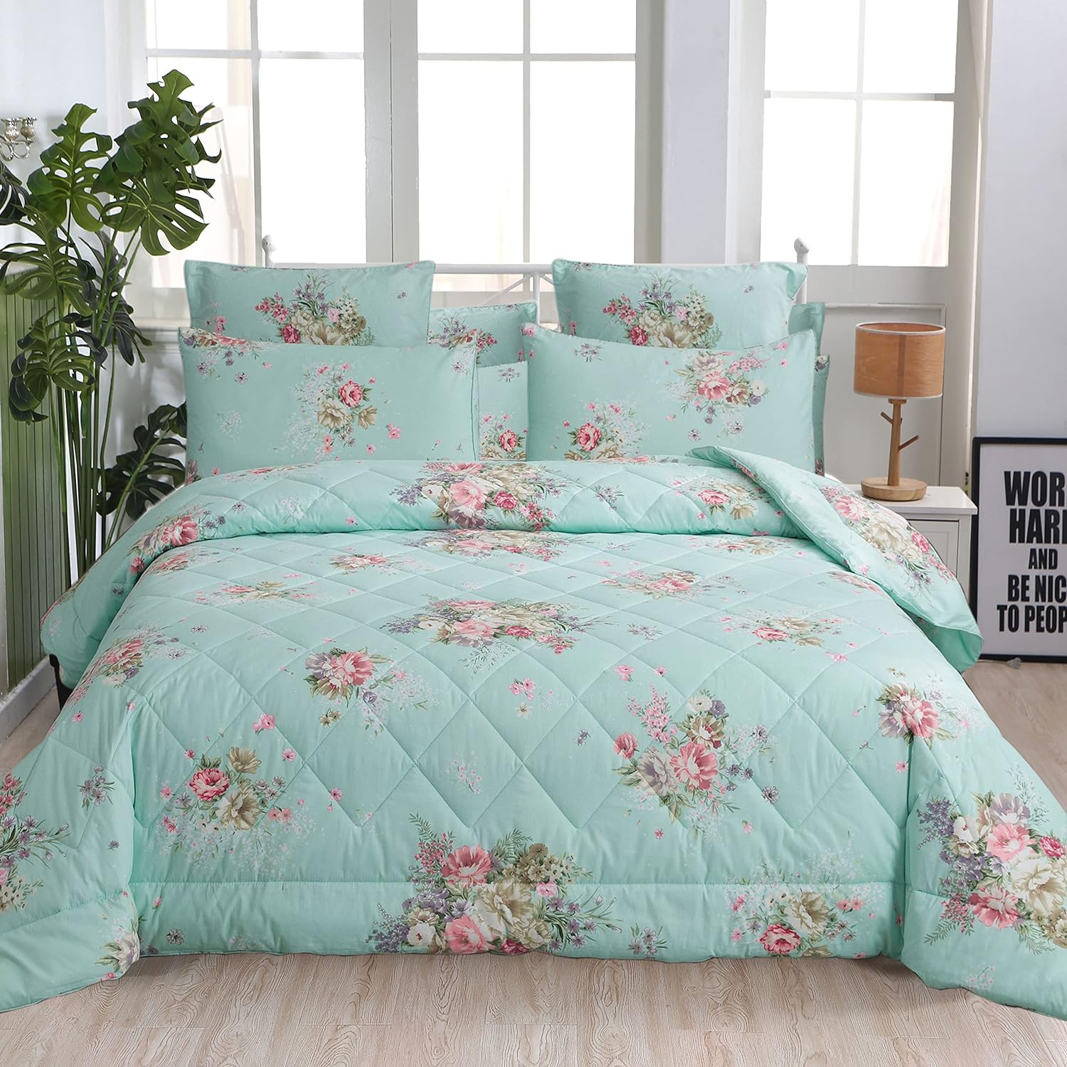 FADFAY Green Floral Comforter Set Queen 3Pcs Shabby Floral Quilt 100% Cotton Fabric with Soft Microfiber Inner Fill Bedding Lightweight Reversible All Season Down Alternative Duvet Insert 3Pcs, Queen