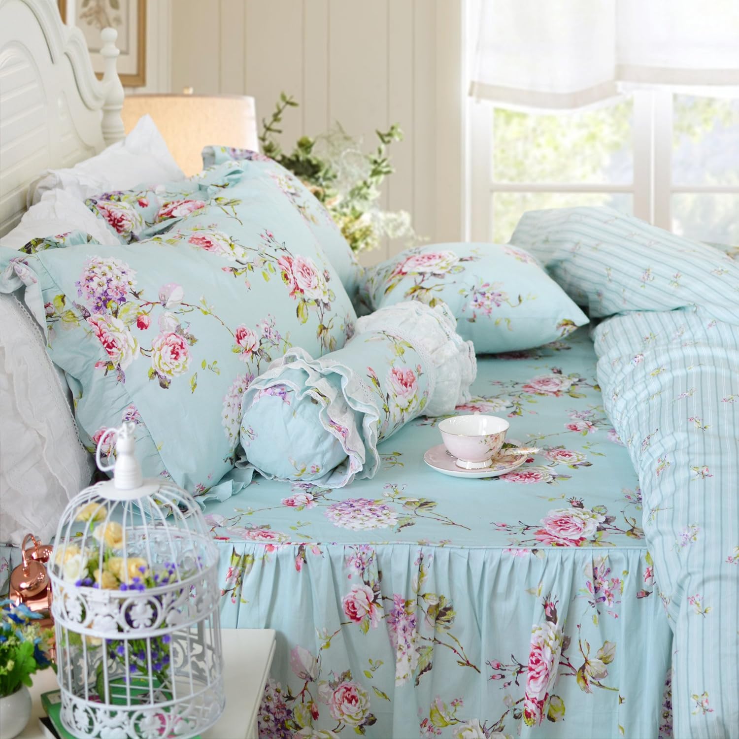 FADFAY Shabby Floarl Cotton Bedding Set Twin 4-Pieces Light Blue Hydrangea Print Duvet Cover Set with Bedskirt French Country Style with Ruffle 1 Duvet Cover1 Bedskirt2 Pillowshams