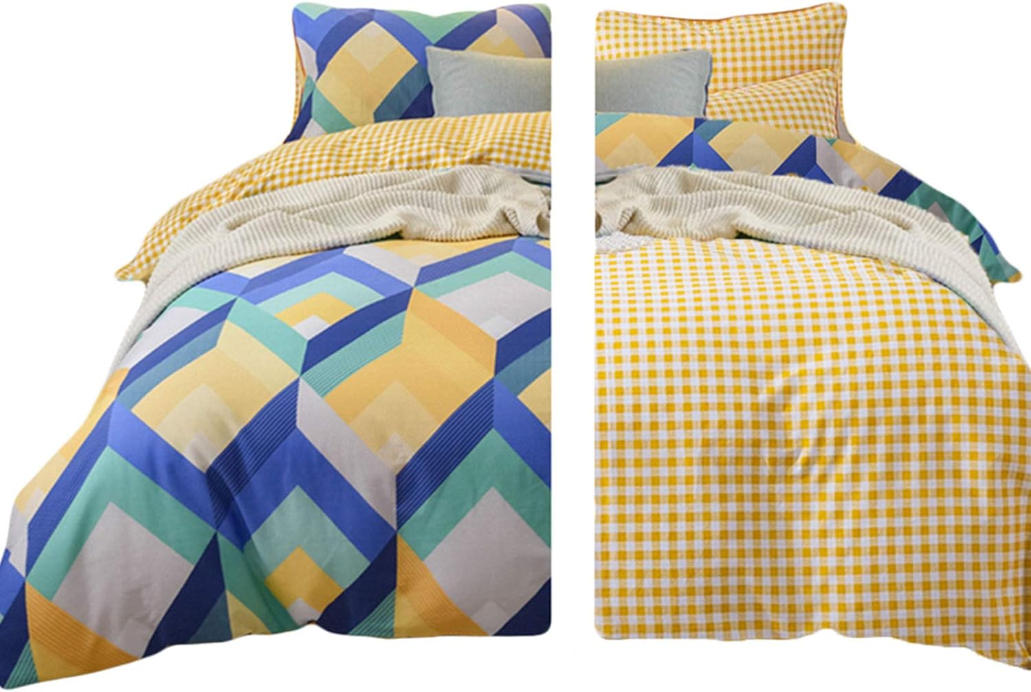 FADFAY 100% Cotton Duvet Cover Set Yellow Plaid Bedding Grid Geometric Reversible Bed Cover Minimalist Turquoise Chevron Bedding 1 Zipper Duvet Cover 2 Pillowcase King/Cal King