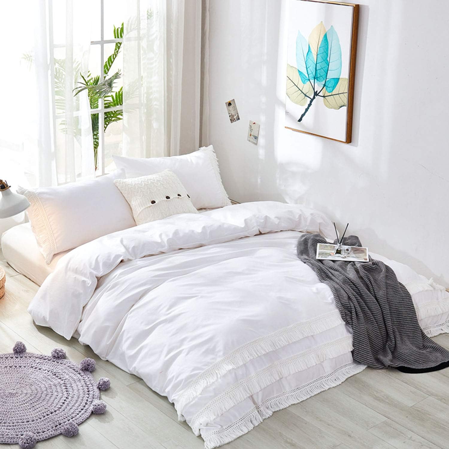 FADFAY Boho Duvet Cover Queen Cotton White Bedding 8888'' Luxury Tassel Quilt Cover- No Comforter Insert