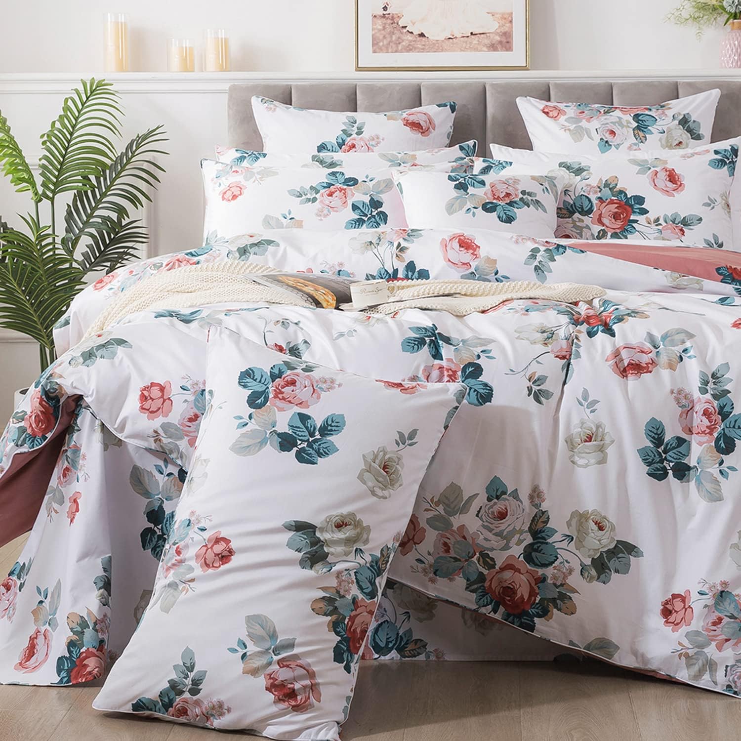 FADFAY Duvet Cover Set Floral Bedding Full Percale Cotton Shabby Pink Rose Flower Dark Blue Leaf Print Reversible White Comforter Cover Zipper Unique Design Soft Breathable Farmhouse Bedding 3Pcs