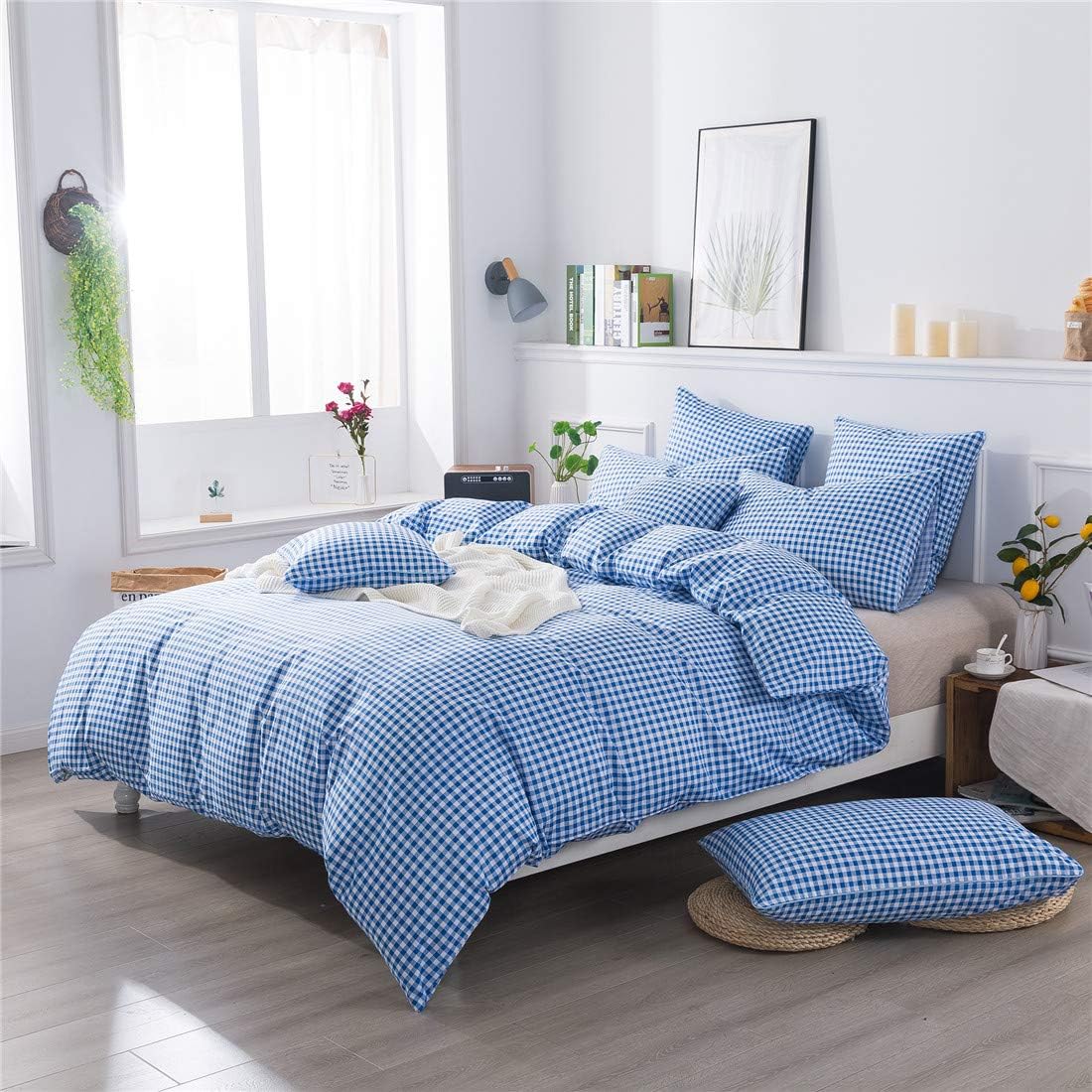 FADFAY Blue Grid Duvet Cover Set Full 100% Cotton Soft Plaid Bedding Reversible Gingham Geometric Checker Bedding Set with Zipper Closure 3Pcs, 1Duvet Cover   2Pillowcases, Full Size