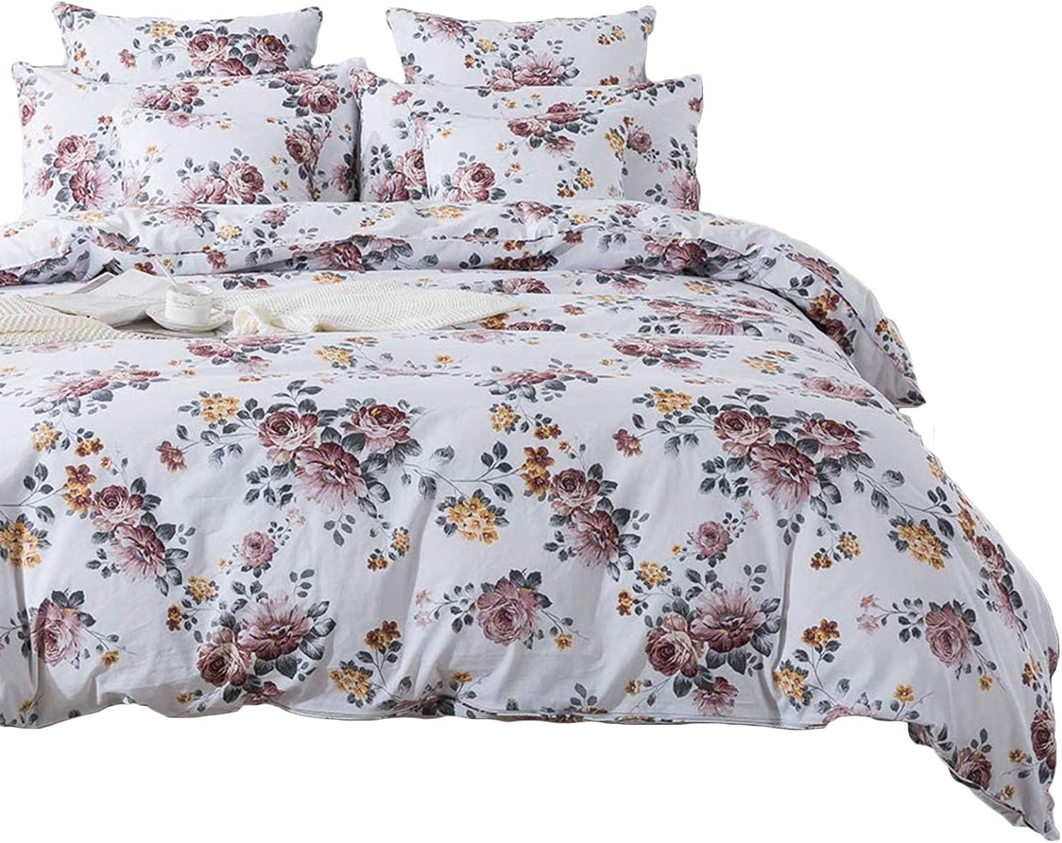 FADFAY Duvet Cover Set Queen Elegant White Floral Farmhouse Bedding 100% Brushed Cotton Ultra Soft Comforter Cover Set with Zipper Closure 3Pcs, 1duvet Cover & 2pillowcases, Queen Size