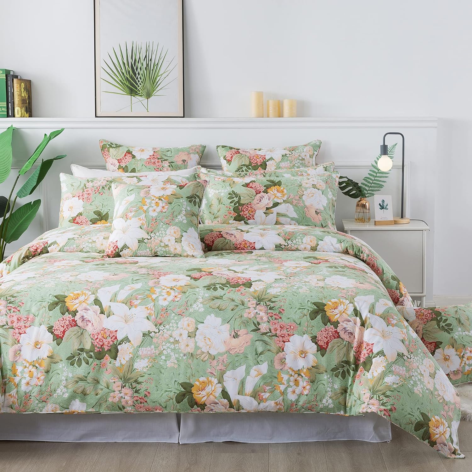 FADFAY Floral Duvet Cover Set Queen 100% Cotton Shabby Vintage Bedding 600 TC Mint Green White Flower Women Elegant Lily Print Comforter Cover Zipper Corner Ties Soft Bed Cover 3 Pcs