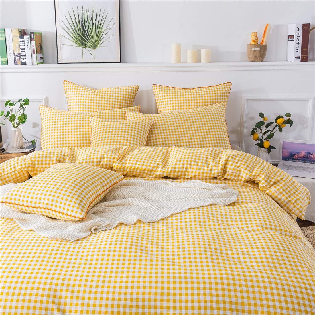 FADFAY Yellow Plaid Duvet Cover Set Queen 100% Cotton Ultra Soft Grid Bedding Reversible Gingham Geometric Checker Bedding Set with Zipper Closure 3Pcs, 1Duvet Cover   2Pillowcases, Queen Size