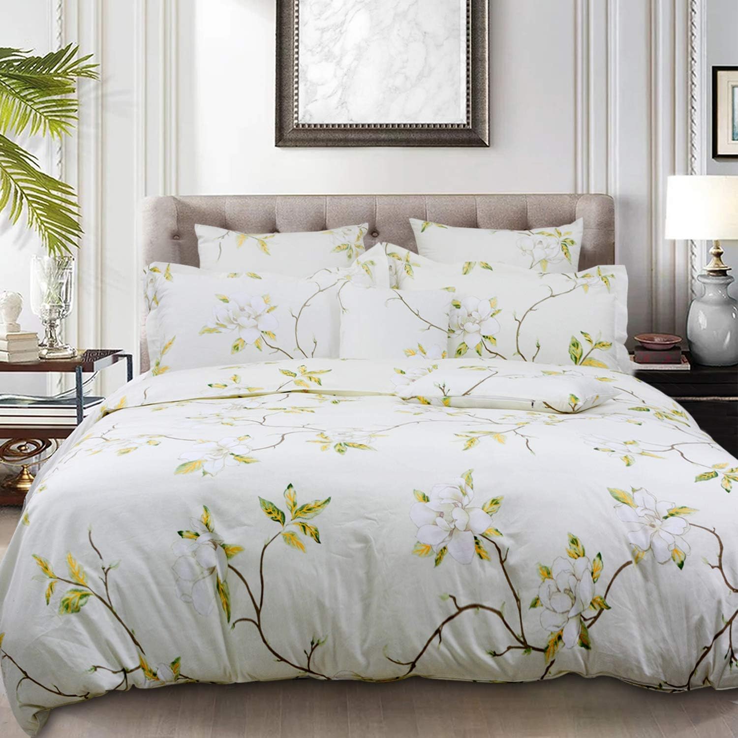 FADFAY White Floral Duvet Cover Set 100% Cotton Farmhouse Bedding with Hidden Zipper Closure 3 Pieces, 1duvet Cover & 2pillowcases,Queen Size