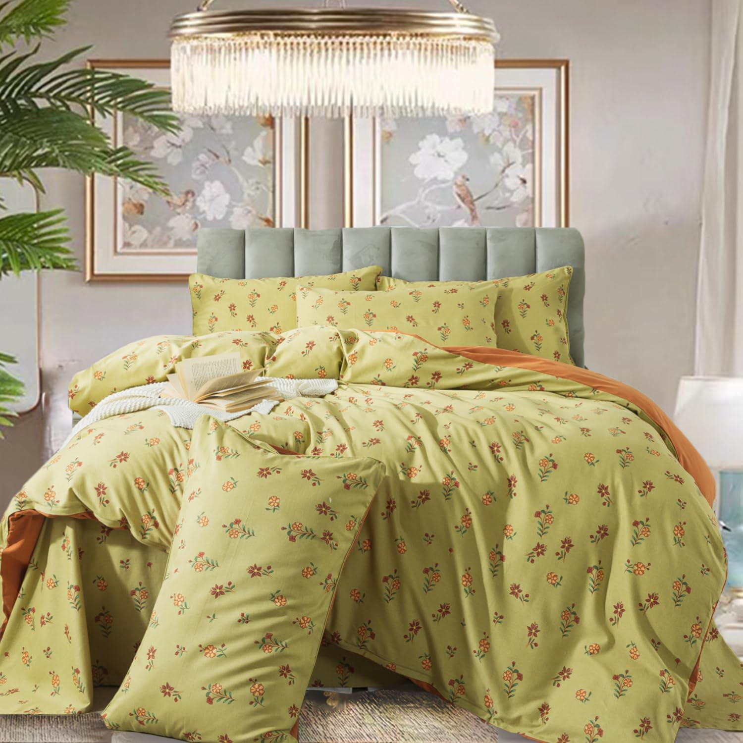 FADFAY Floral Duvet Cover Set Queen Size 100% Brushed Cotton Green Flower Pattern Bedding Reversible Burnt Orange Comforter Cover, Soft, Breathable Zipper Closure, 3 Pcs, Queen