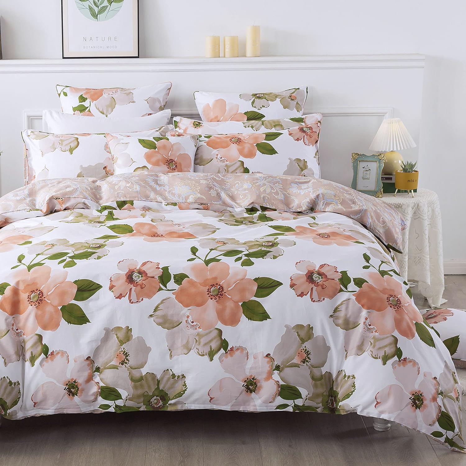 FADFAY Duvet Cover Queen Elegant Watercolor Floral Bedding Shabby Orange Flower Bedding Vintage Farmhouse Bedding 100% Cotton Ultra Soft Comforter Cover with Hidden Zipper Closure 3Pcs, Queen Size