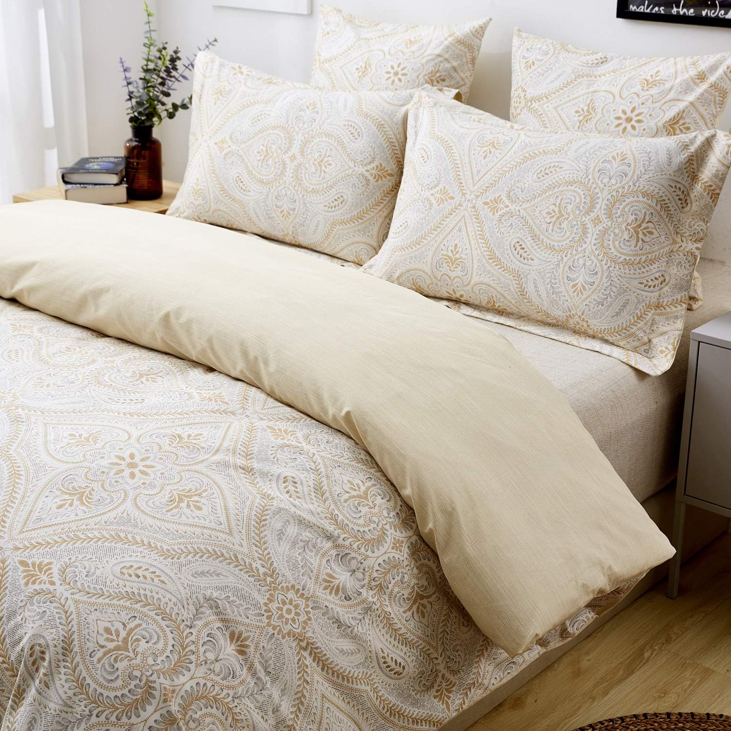 FADFAY Duvet Cover Set Queen Size Paisley Bedding 100% Cotton Ultra Soft Gold Classy Luxurious Bedding with Hidden Zipper Closure 3 Pieces, 1Duvet Cover & 2Pillowcases