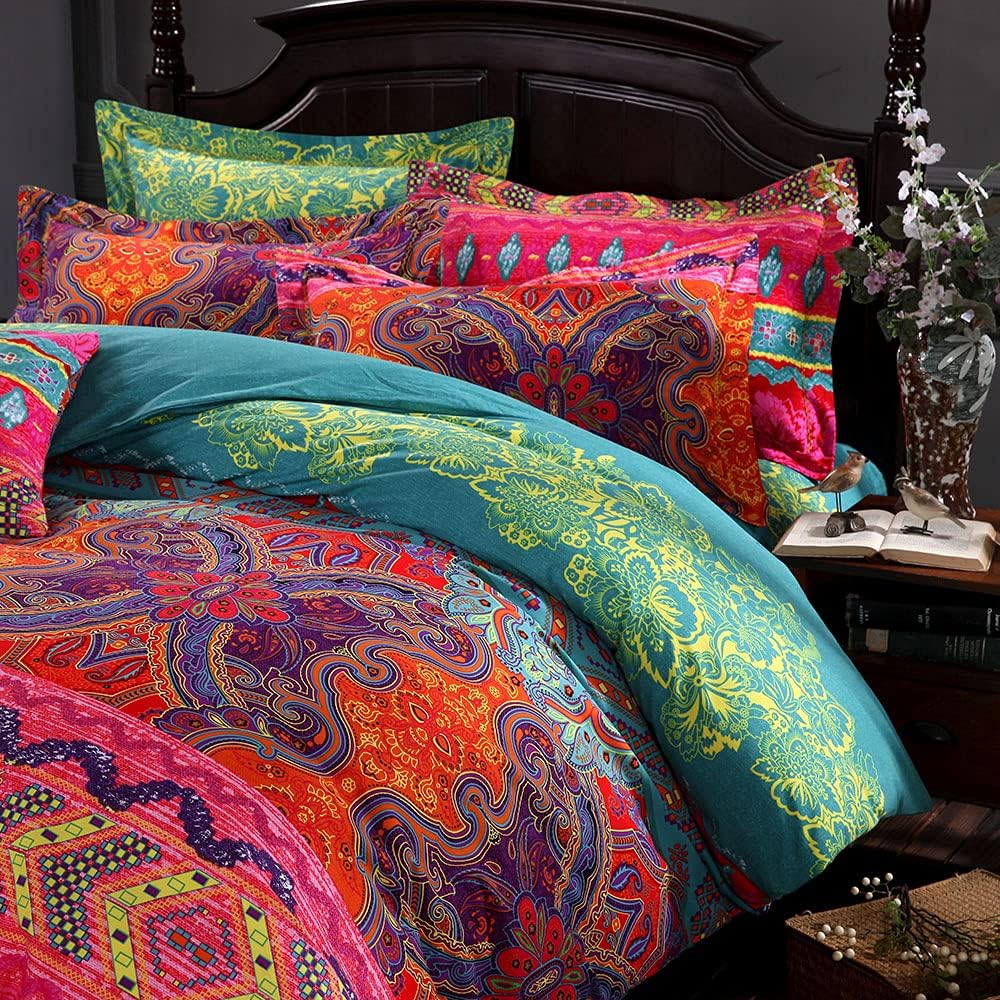 FADFAY Exotic Boho Duvet Cover Set King/California King 100% Brushed Cotton Soft Bohemian Bedding Red Teal Mandala Printed Bedding Reversible Striped Zipper Bed Comforter Cover   2 Pillowshams