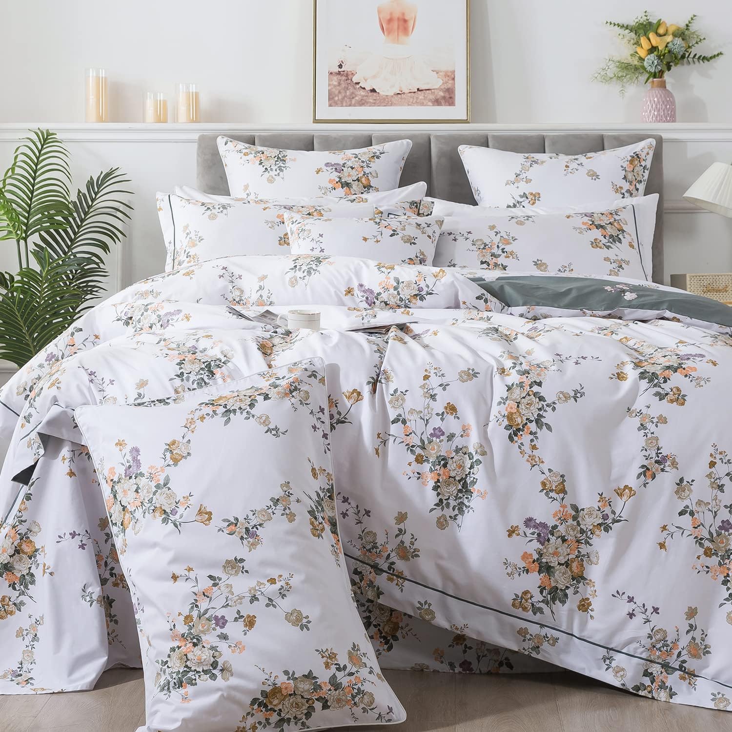 FADFAY Duvet Cover Set Queen Floral Bedding Percale Cotton 600 TC Shabby Vintage Reversible White Olive Green Leaf Flower Print Comforter Cover Luxury Soft Breathable Crisp Farmhouse Bedding 3Pcs