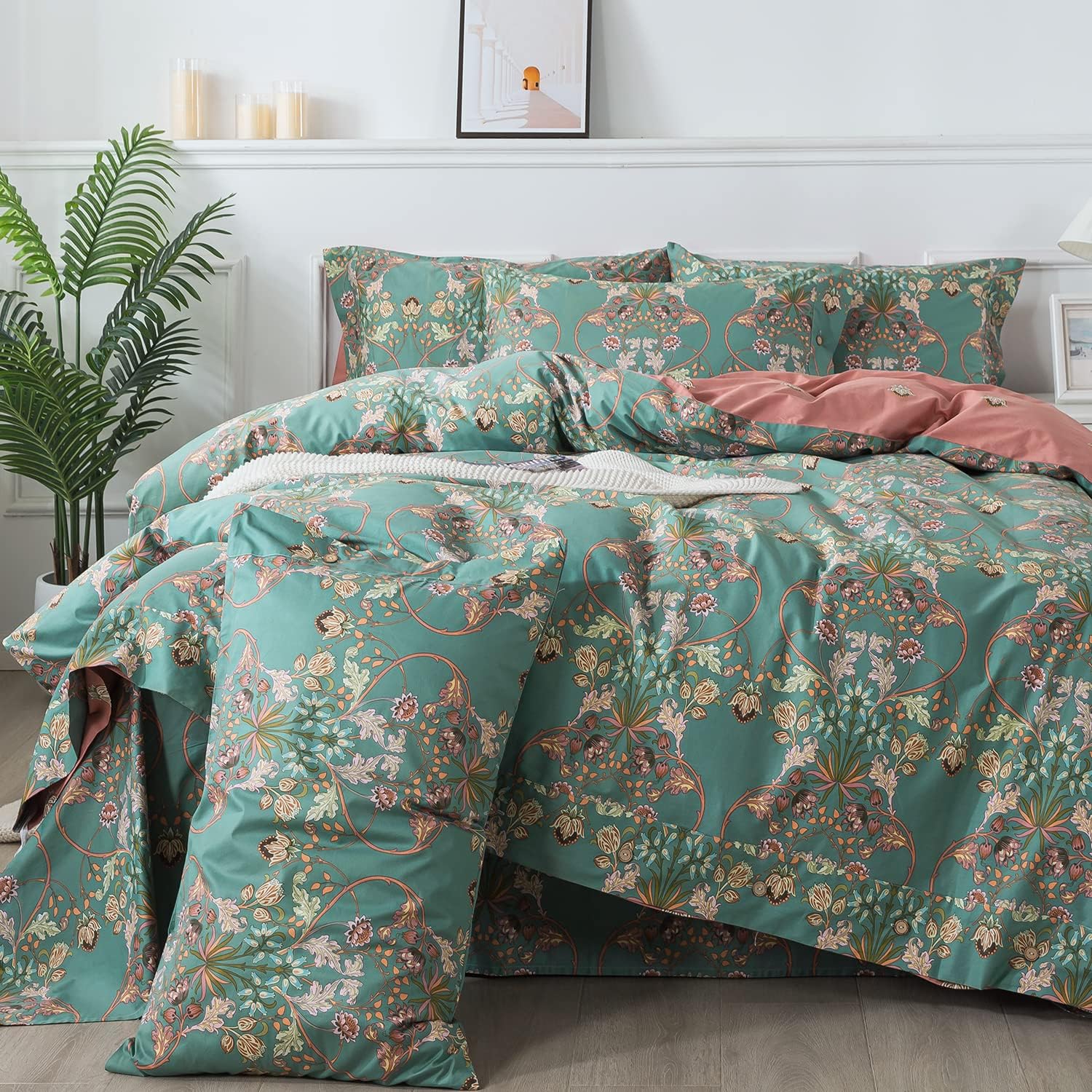 FADFAY Duvet Cover Set Button Closure Floral Bedding King/Cal King 100% Cotton 600 TC Shabby Vintage Blue Orange Reversible Luxury Boho Comforter Cover Soft Breathable 3Pcs