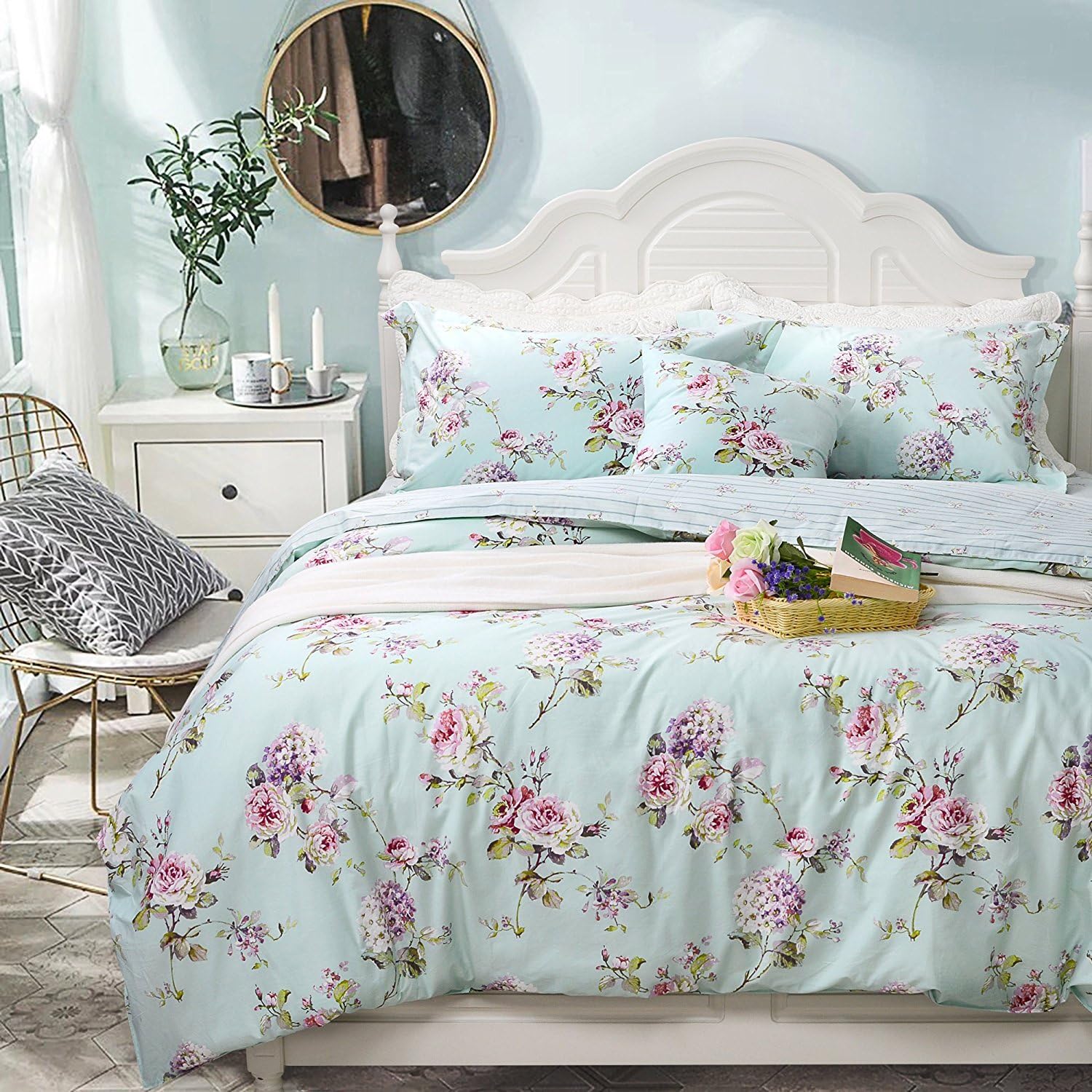 FADFAY Floral Duvet Cover Queen 100% Cotton Blue Green Farmhouse Bedding Super Soft Reversible Striped French Country Bed Cover Purple Hydrangea and Peony Print Zipper Comforter Cover 3 Pieces