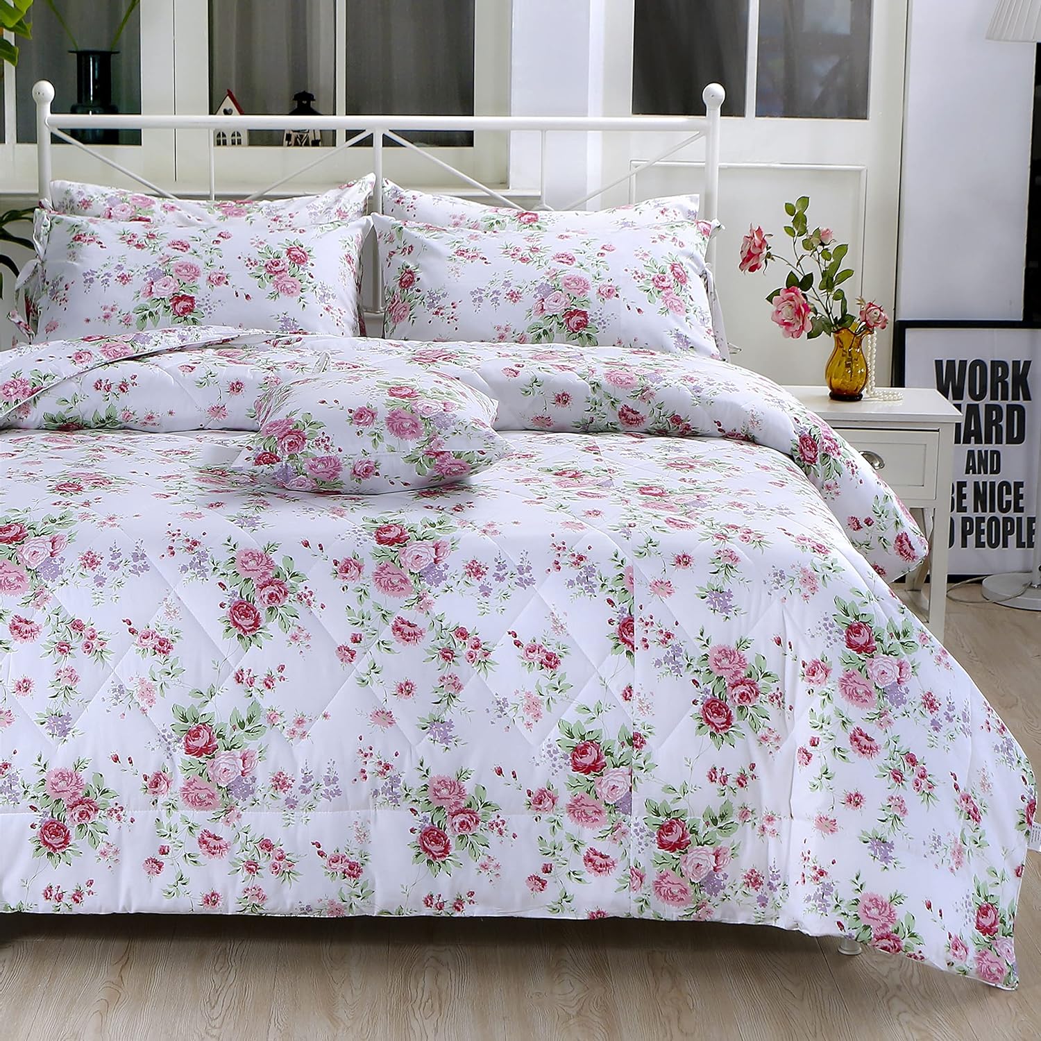 FADFAY Rose Floral Comforter Set Twin Shabby Floral Summer Quilt 100% Cotton Fabric with Soft Microfiber Inner Fill Bedding Lightweight Reversible All Season Down Alternative Duvet Insert 3Pcs, Twin