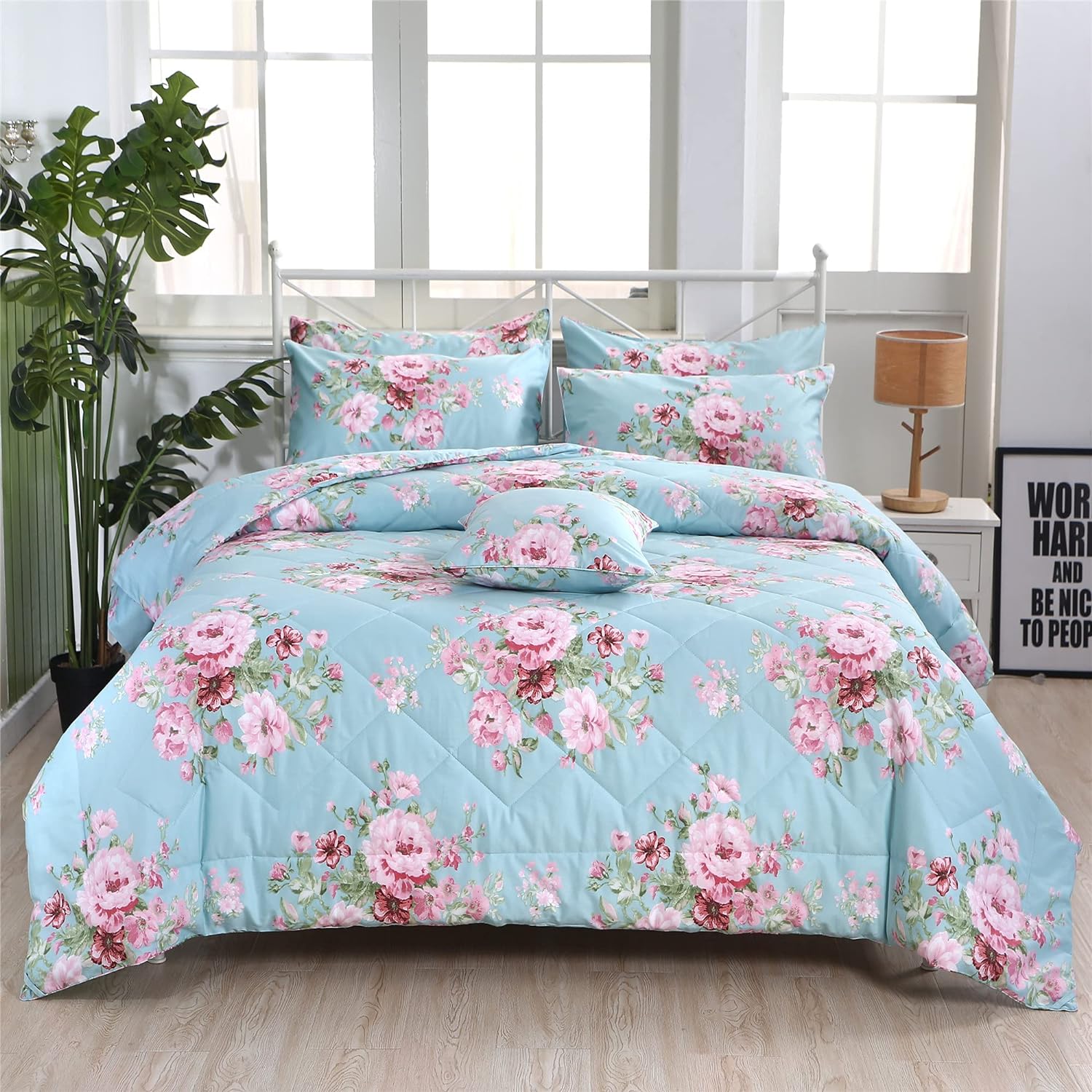 FADFAY Blue Comforter Set Twin 3Pcs Shabby Floral Summer Quilt 100% Cotton Fabric with Soft Microfiber Inner Fill Bedding Lightweight Reversible All Season Down Alternative Duvet Insert 3Pcs, Twin