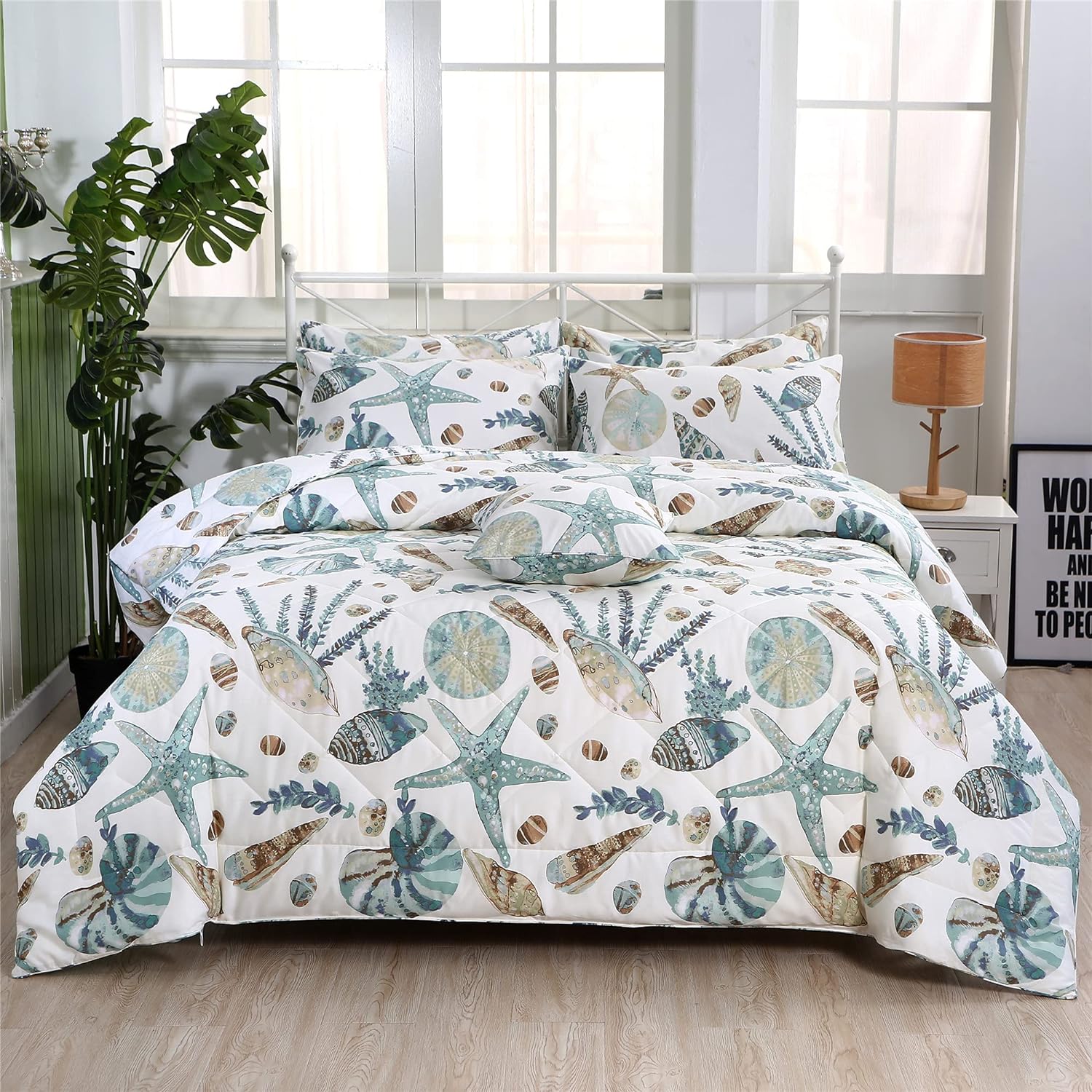 FADFAY Beach Comforter Set Twin 3Pcs Ocean Coastal Summer Quilt 100% Cotton Fabric with Soft Microfiber Inner Fill Bedding Lightweight Reversible All Season Down Alternative Duvet Insert 3Pcs, Twin