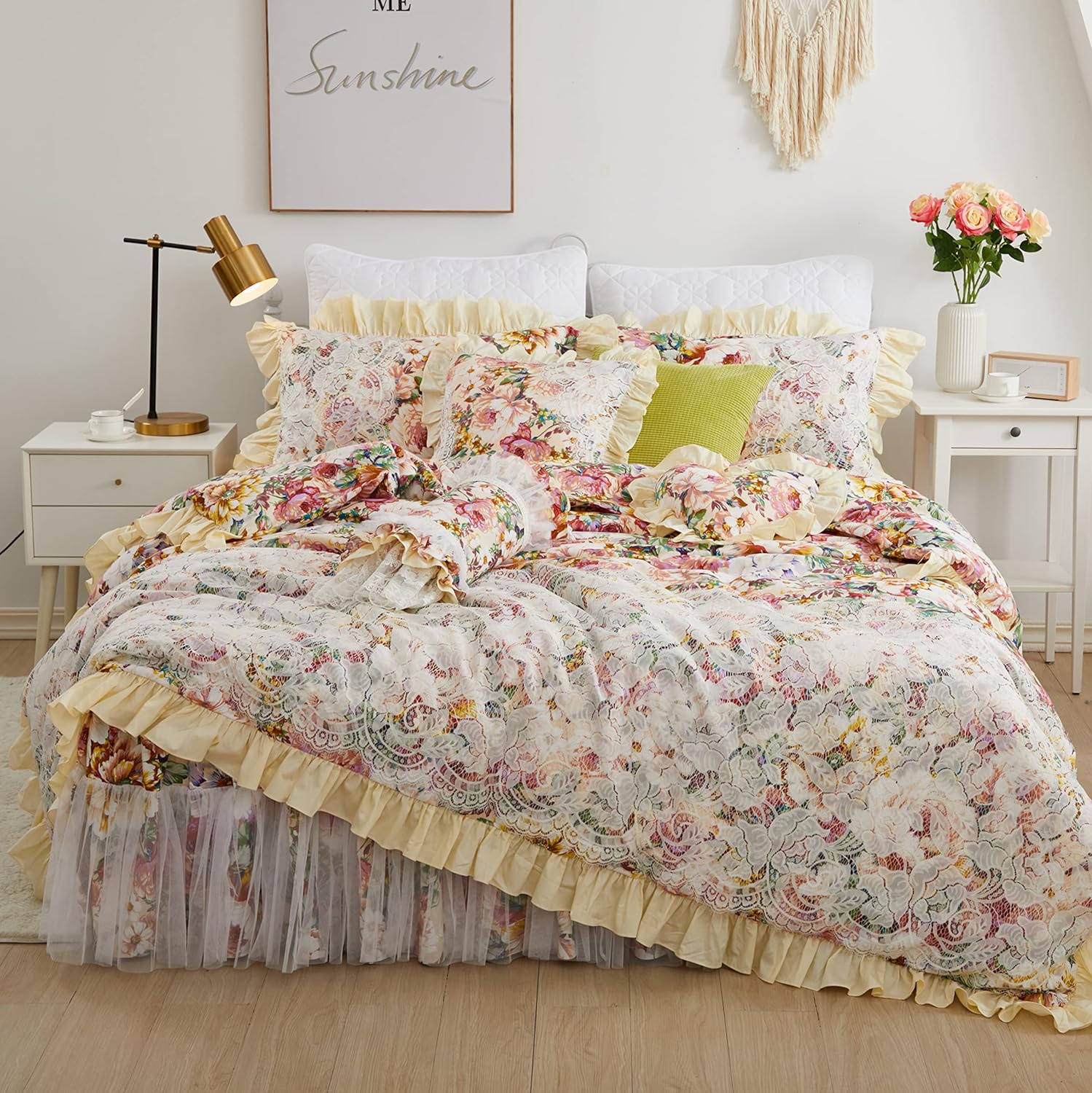 FADFAY Lace Peony Floral Duvet Cover Set 4 Piece Twin- 100% Cotton 600 TC - Luxury Shabby Vintage Ruffle Bedding Girls Princess Bedroom Decor Soft Dust Ruffle 18'' Split Corner Bed Skirt