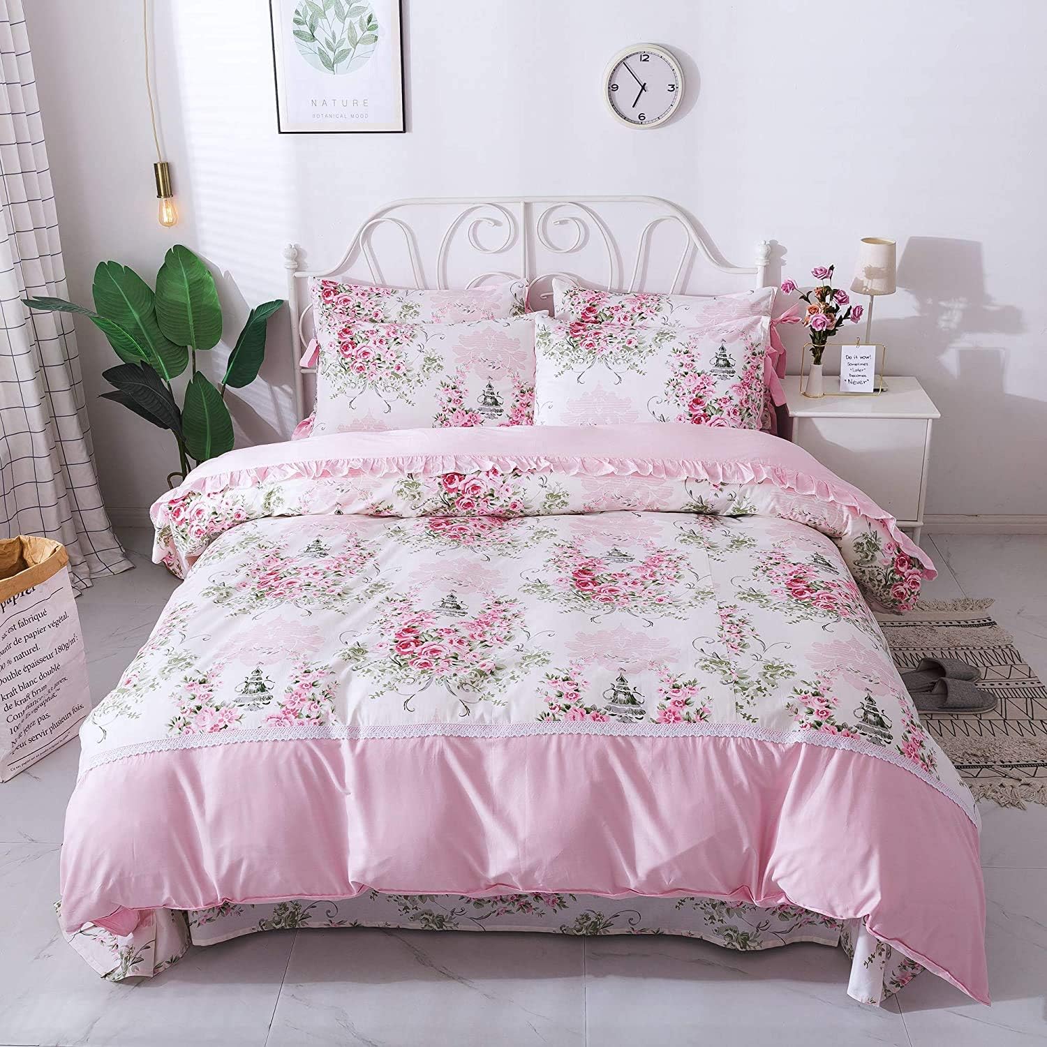 FADFAY Rosette Floral Duvet Cover Sweet Pink Girls Bedding Set 100% Cotton Ultra Soft Bed Sheets Set,5Pcs (1 Duvet Cover  1 Fitted Sheet  1 Flat Sheet  2 Standard Pillowcases), Twin Size