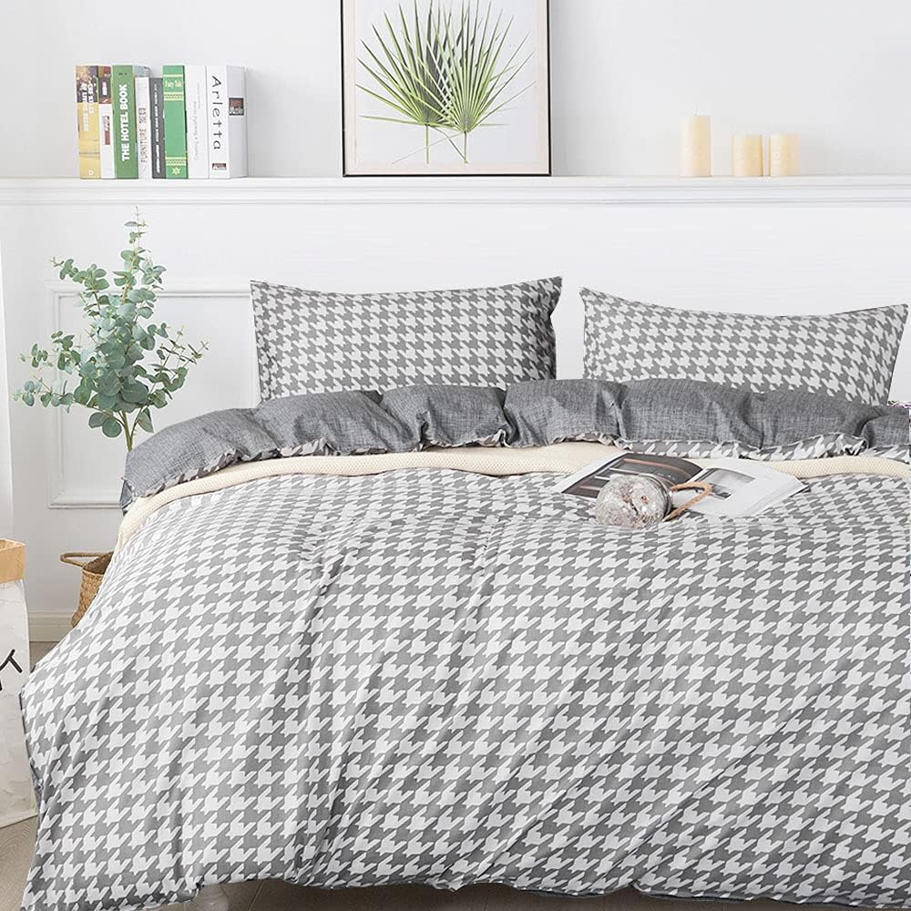 FADFAY Grey Grid Duvet Cover Set Twin XL 100% Cotton Plaid Bedding Boy& Girls Reversible Gingham Geometric Teen Checker Bedding Zipper Closure 3Pcs,Twin Extra Long Size for Dorm Room