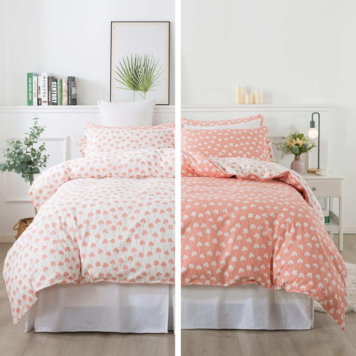 FADFAY Duvet Cover Super Soft 100% Cotton Girls Pink White Bedding Botanical Patterned Comforter Covers Nature Farmhouse Zipper Bedding Four-Leaf Clover Printed Reversible 3Pcs, King/Cal King