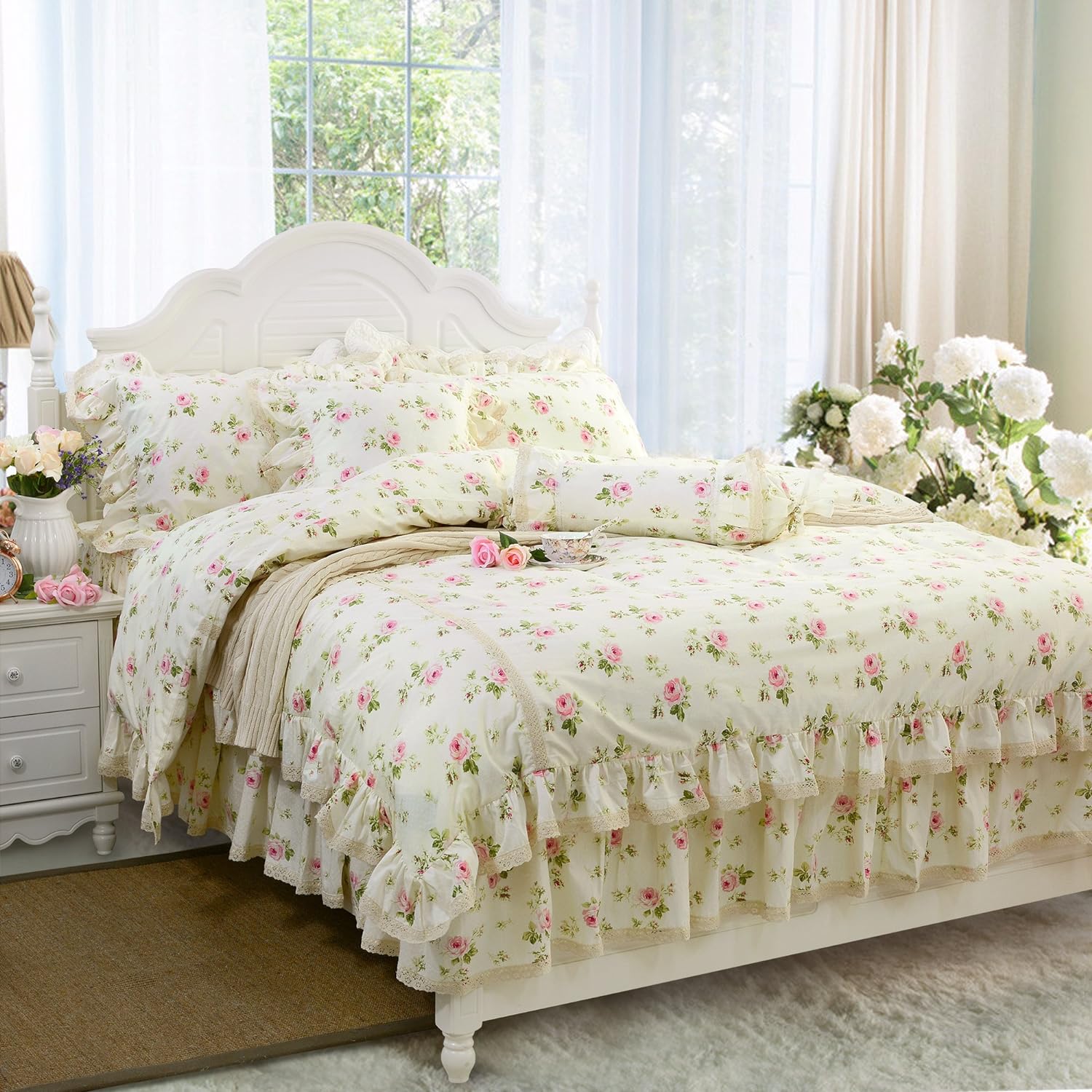 FADFAY Rosette Floral Print Duvet Cover Set Princess Lace Ruffle Bedding Set for Girls 3 Pieces Queen Size