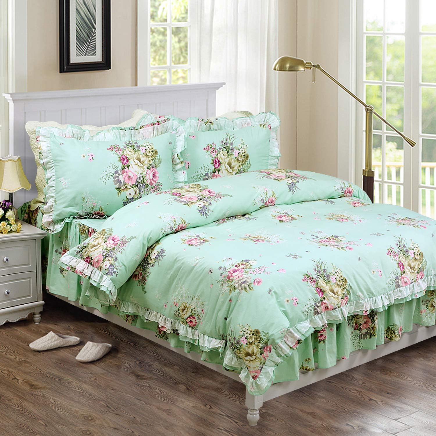 FADFAY Shabby Green Floral Bedding 100% Cotton Princess Lace Ruffle Girls Duvet Cover Set with Bedskirt, 4Pcs, Queen Size