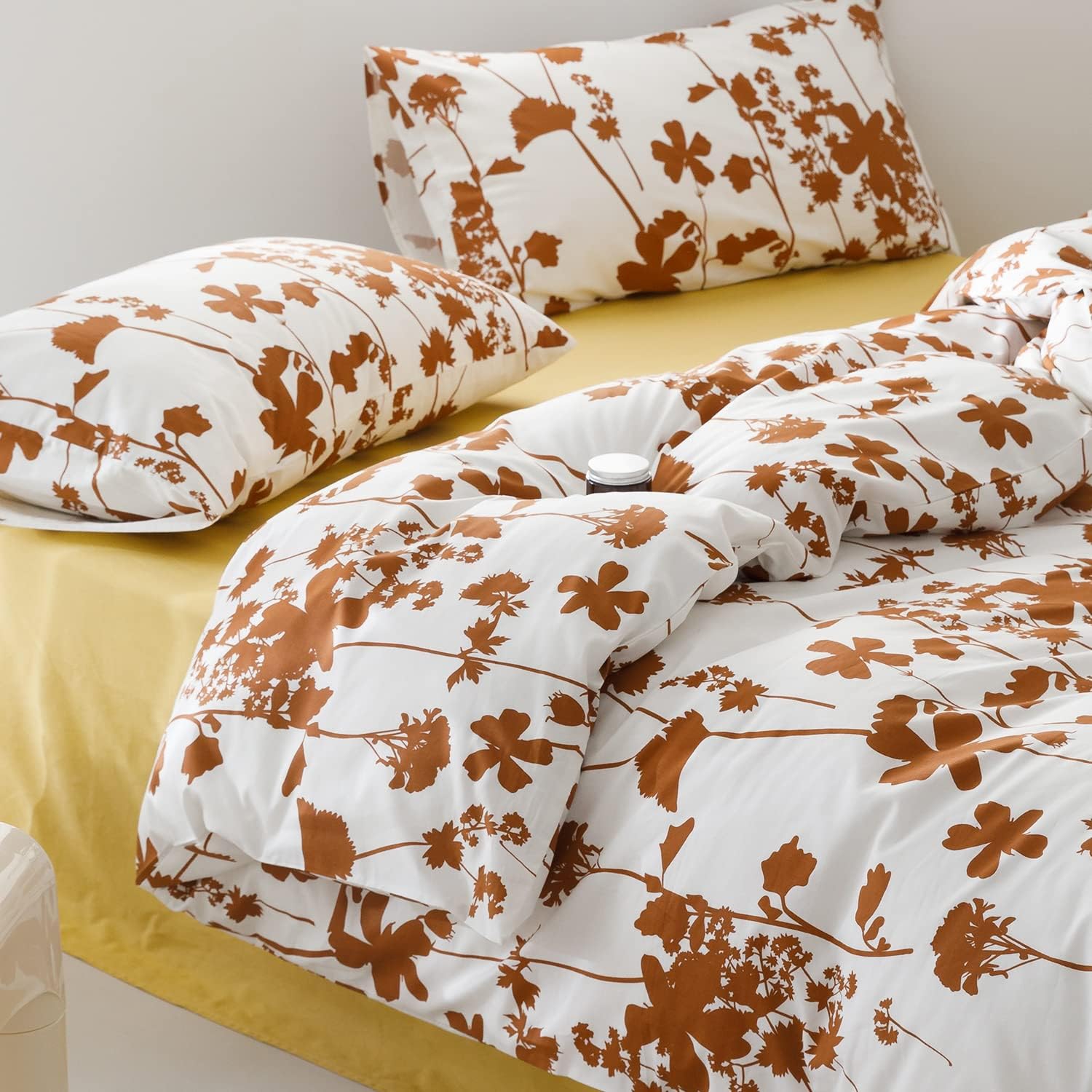 FADFAY Burnt Orange Cotton Duvet Cover Set Queen Size Girls Terracotta White Floral Comforter Cover Set Zipper Natural Farmhouse Bedding Botanical Leaf Branches Pattern Unique Design Soft 3Pcs