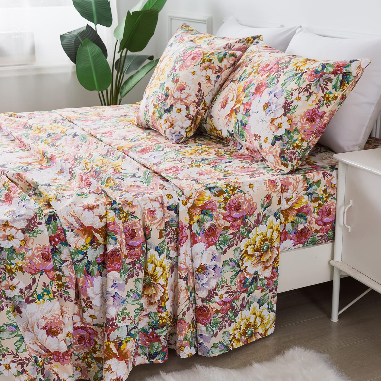 FADFAY Floral Sheets Set Queen 100% Cotton Shabby Garden Flower Pink and Orange Vintage Peony Bedding 600TC Elegant Cottagecore Bedding Super Soft Deep Pocket Bed Sheets Set, 4Pcs