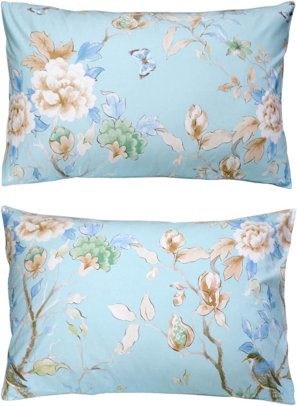 FADFAY 800 Thread Count 100% Egyptian Cotton Elegant Peony Print Pillowcases (Standard Size 19 29inch, Sky Blue)