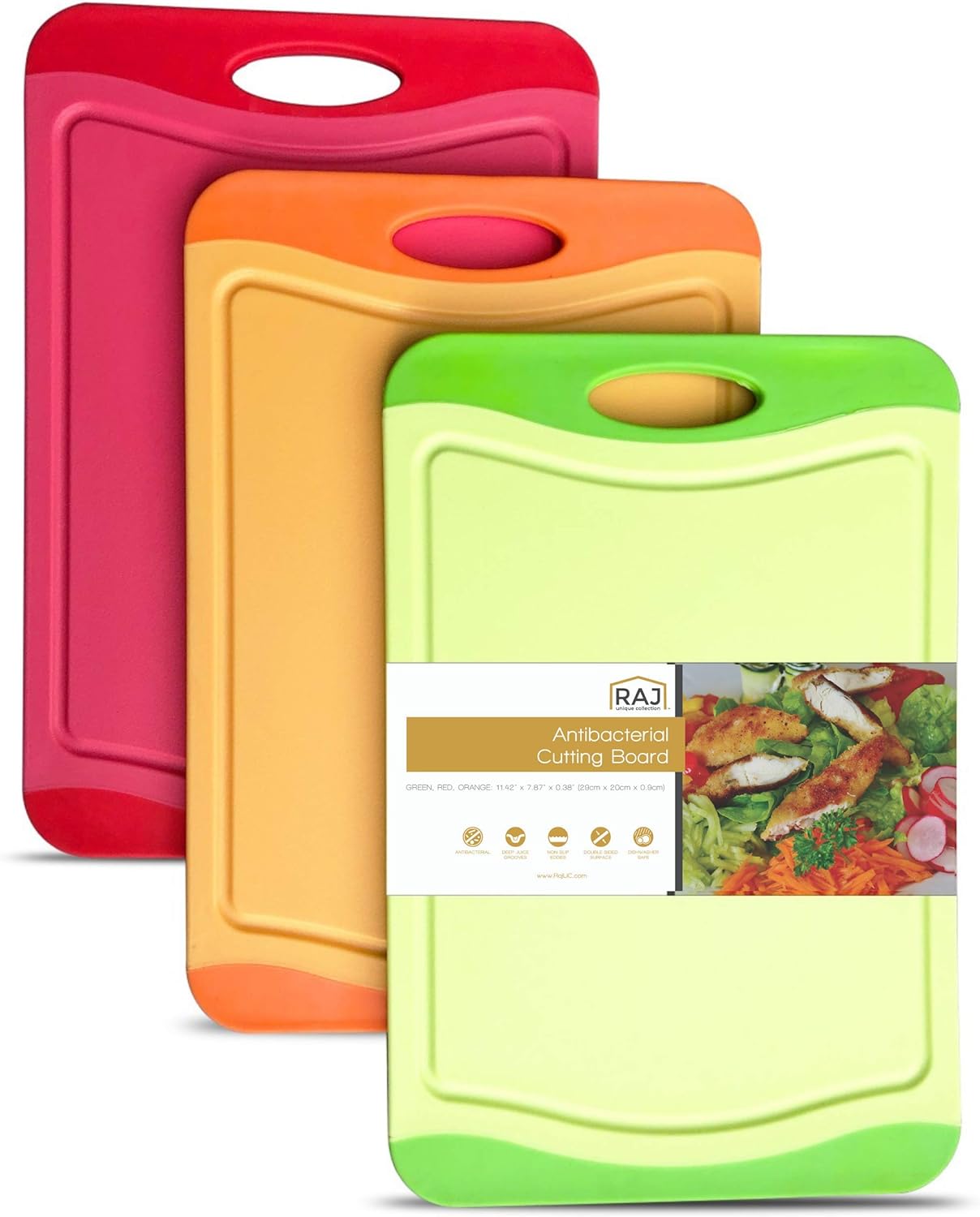 Raj Plastic Cutting Board Reversible Cutting board, Dishwasher Safe, Chopping Boards, Juice Groove, Large Handle, Non-Slip, BPA Free (Small, Red, Green & Orange)