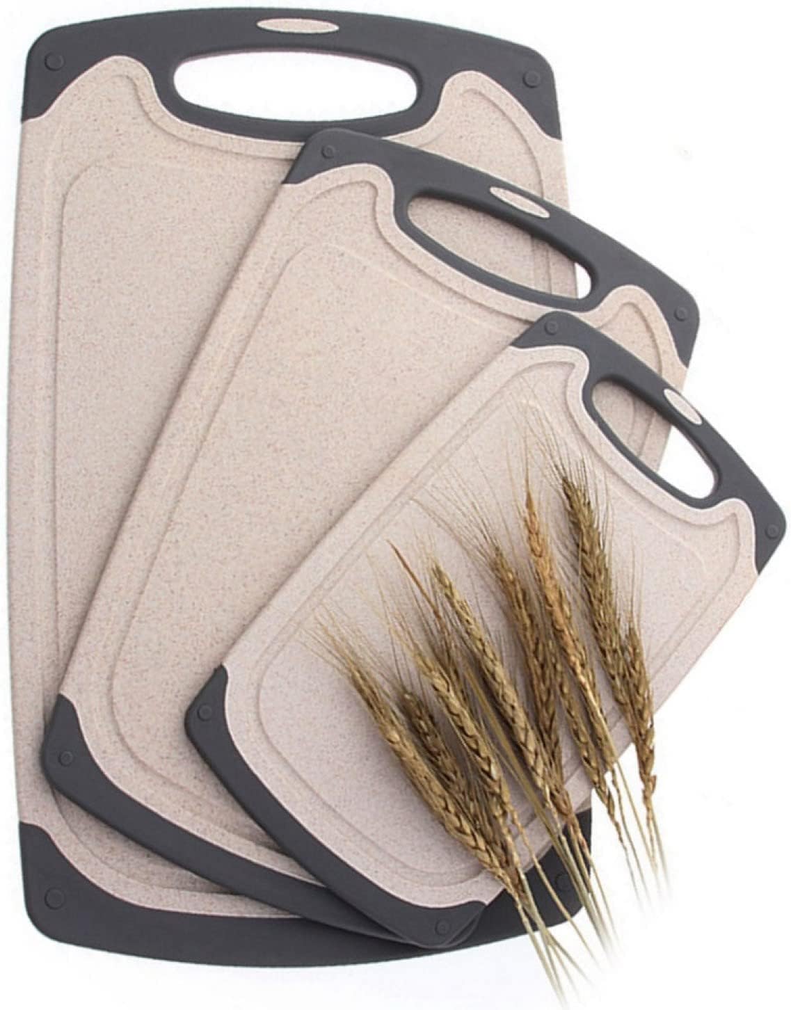 Cutting Boards For Kitchen, Anti-Skid Eco-Wheat Straw Cutting Board Set (3 Pcs), Dishwasher Safe (light brown)