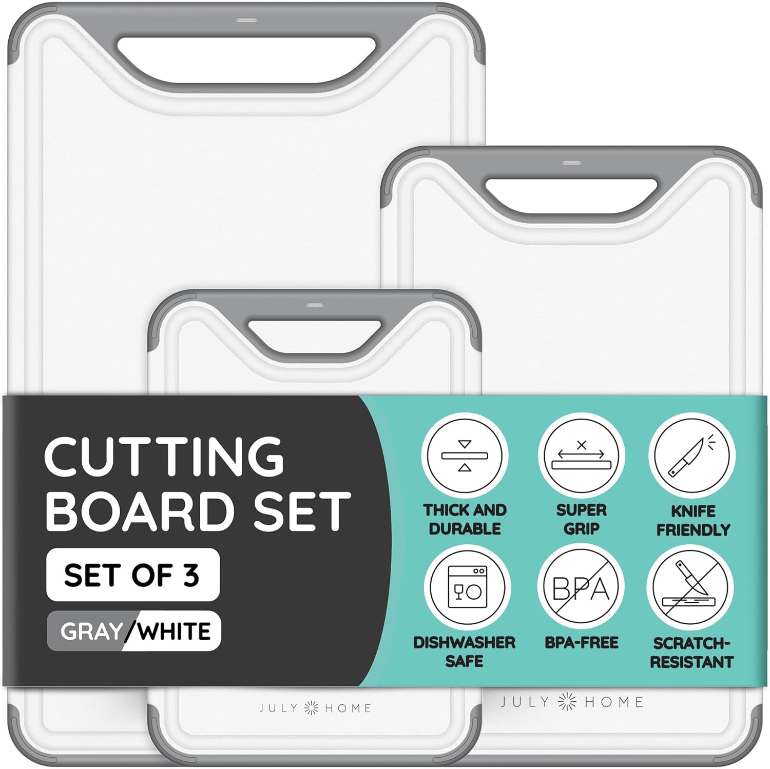 Cutting Boards for Kitchen - Plastic Cutting Board Set of 3, Dishwasher Safe Cutting Boards with Juice Grooves, Thick Chopping Boards for Meat, Veggies, Fruits, Easy Grip Handle, Non-Slip (Gray)