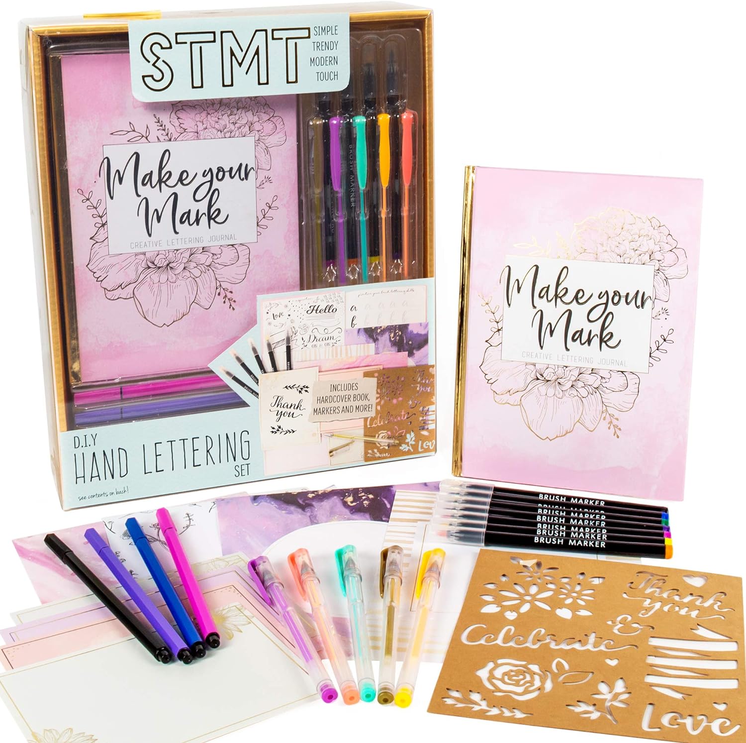 STMT DIY Make Your Mark Hand Lettering Set, Step-by-Step Beginner Modern Calligraphy Hardcover Workbook, Includes Practice Sheets, Stencils, Flexible Fine Tip & Brush Markers, DIY Calligraphy Kit