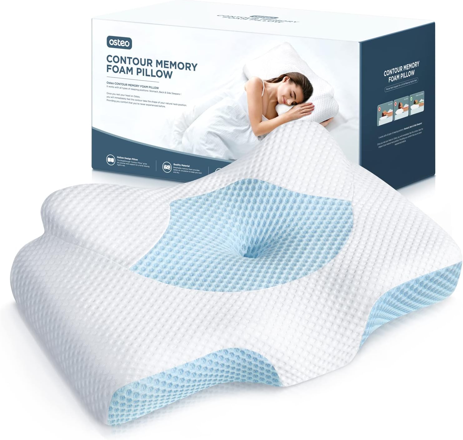 Cervical Pillow for Neck Pain Relief, Hollow Design Odorless Memory Foam Pillows with Cooling Case, Adjustable Orthopedic Bed Pillow for Sleeping, Contour Support for Side Back Stomach Sleepers