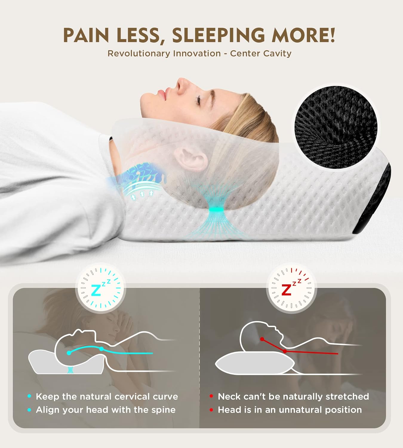 Cervical Pillow for Neck Pain Relief, Hollow Design Odorless Memory Foam Pillows with Cooling Case, Adjustable Orthopedic Bed Pillow for Sleeping, Contour Support for Side Back Stomach Sleepers