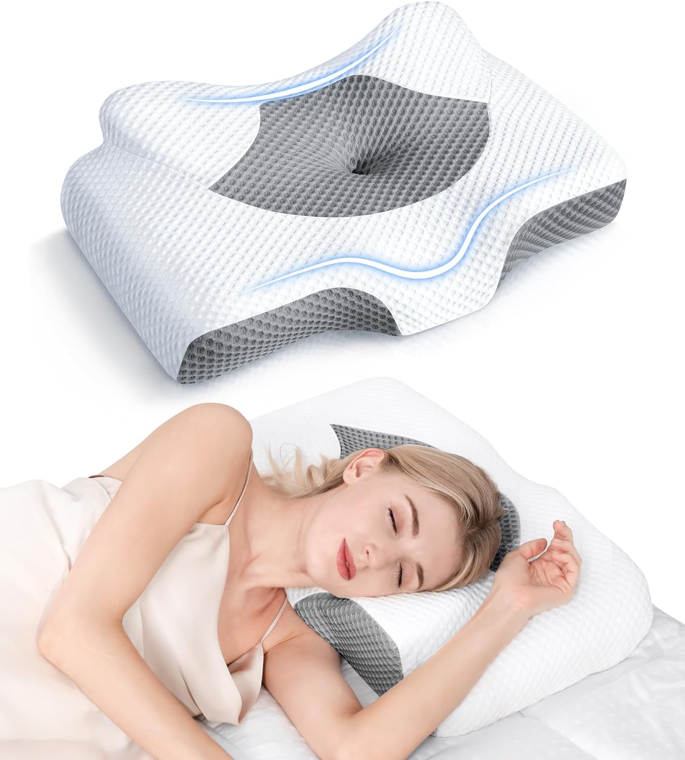 Cervical Pillow for Neck Pain Relief, Hollow Design Odorless Memory Foam Pillows with Cooling Case, Adjustable Orthopedic Bed Pillow for Sleeping, Contour Support for