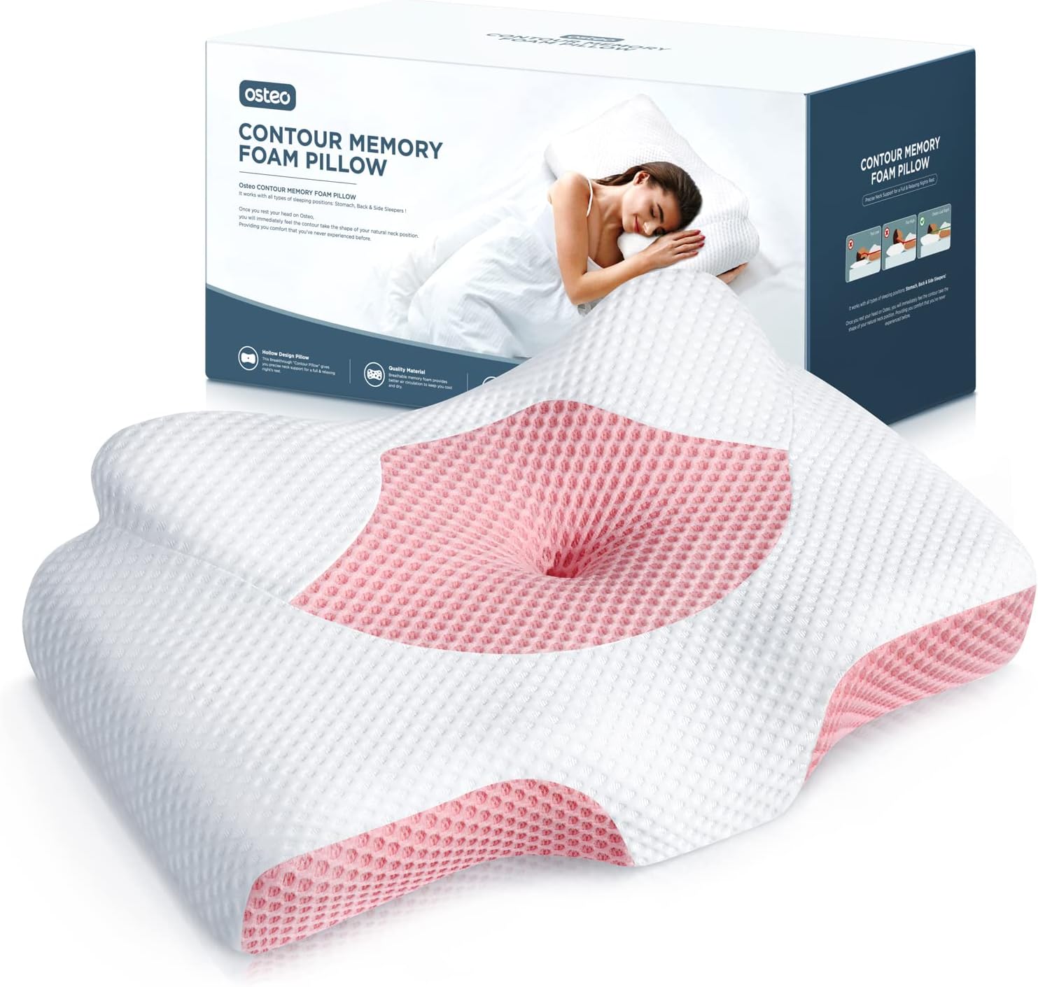 Cervical Pillow for Neck Pain Relief, Hollow Design Odorless Memory Foam Pillows with Cooling Case, Adjustable Orthopedic Bed Pillow for Sleeping, Contour Support for Side Back Stomach Sleepers