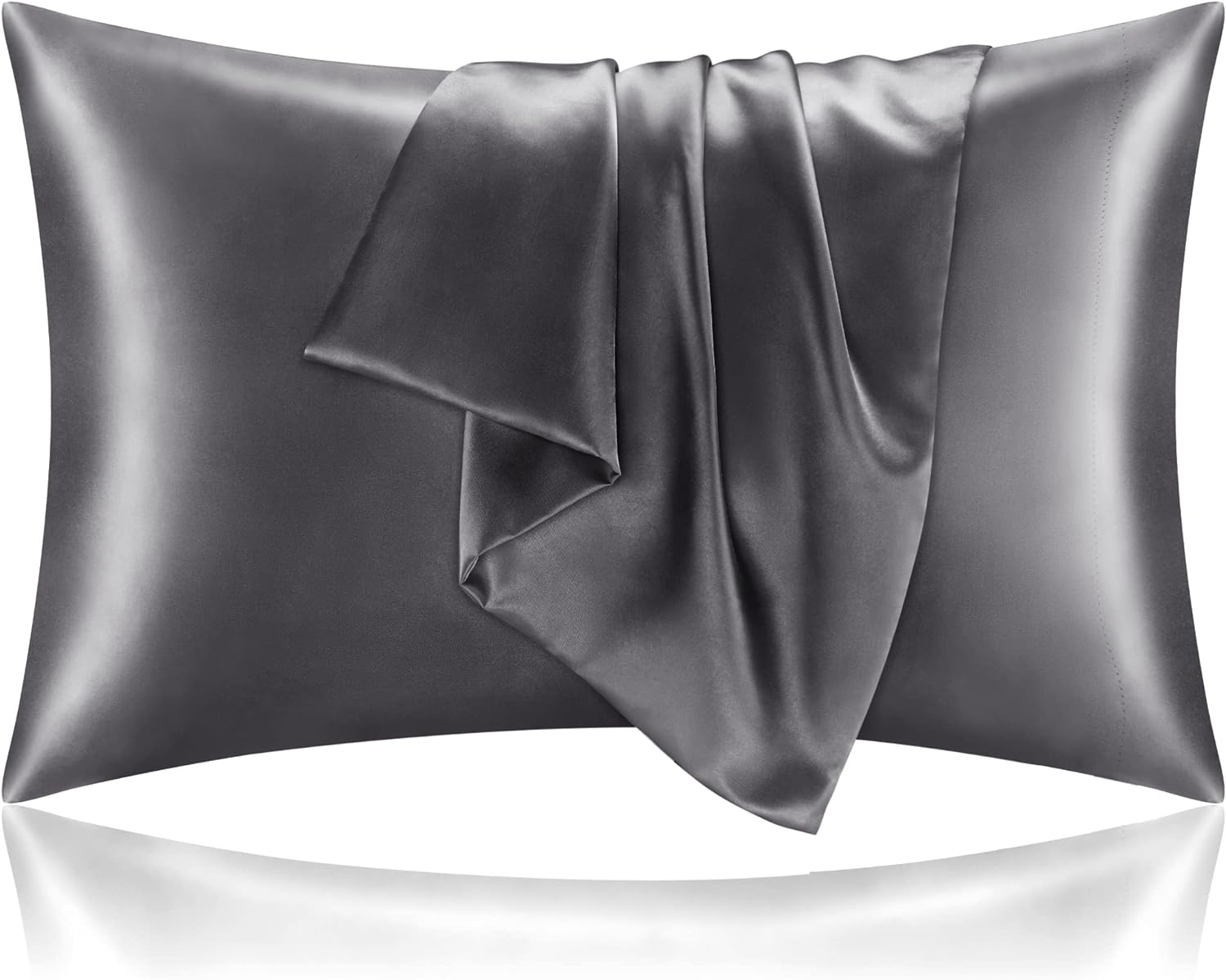 BEDELITE Satin Pillowcase for Hair and Skin, Dark Grey Pillow Cases Standard Size Set of 2 Pack, Super Soft Pillow Case with Envelope Closure (20x26 Inches)