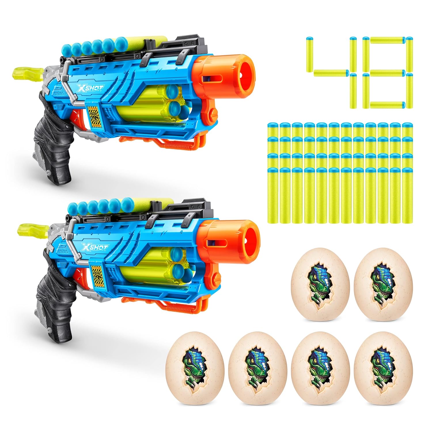 Dino Attack Dino Striker (2 Pack   48 Darts   6 Shooting Targets) by ZURU, X-Shot Blue Foam Dart Blaster, Toy Blaster, Automatic Rotating Barrel, Slam Fire, Toys for Boys, Kids, Teens (Blue)