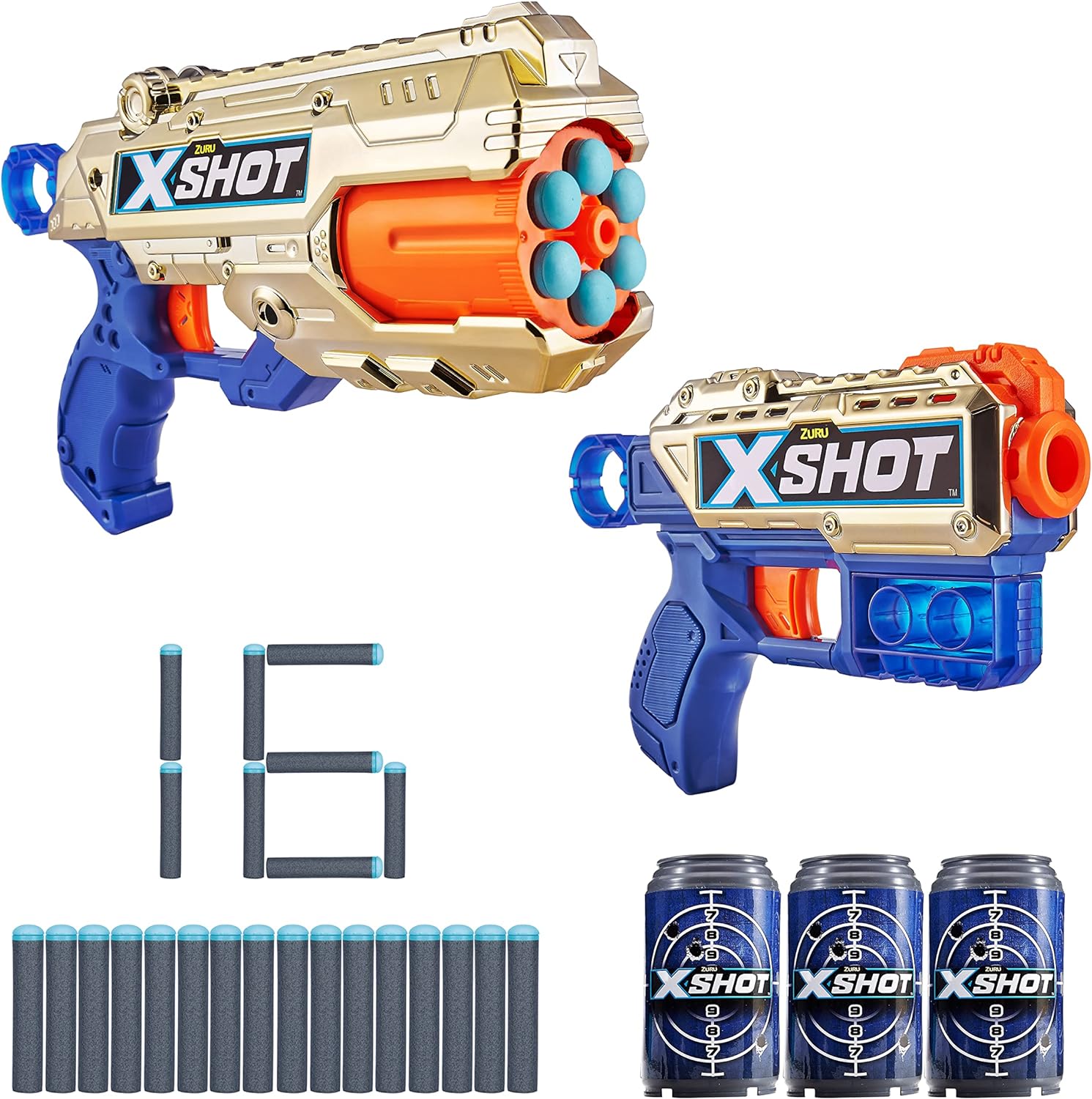 XShot X-Shot Excel Royale Edition Reflex 6 and Kickback Combo Pack (3 Cans + 16 Darts) by ZURU, Golden Foam Dart Blaster, Easy Reload, Toy, Shooting Toys for Kids, Teens, Adults