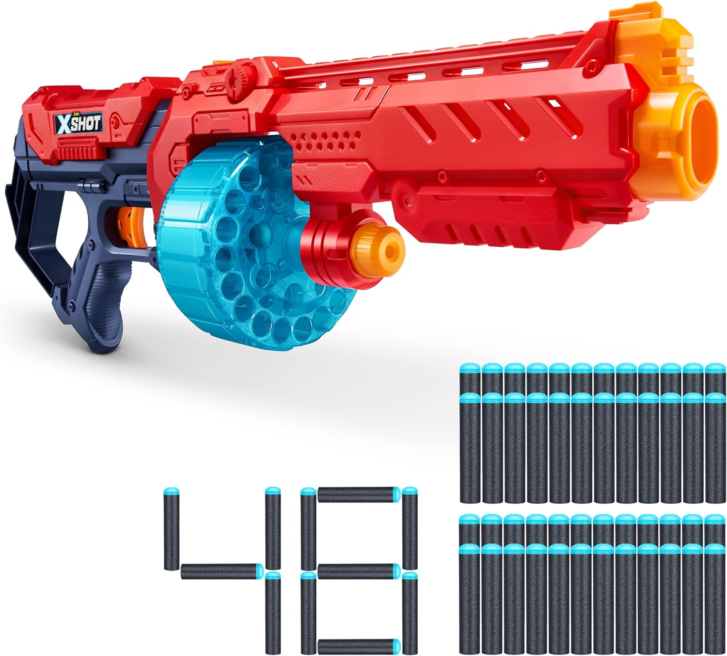 XShot Excel Turbo Fire (48 Darts) by ZURU, Red Foam Dart Blaster, Toy Blaster, Barrel Automatically Rotates, Slam Fire, Toys for Kids, Teens, Adults (Red)