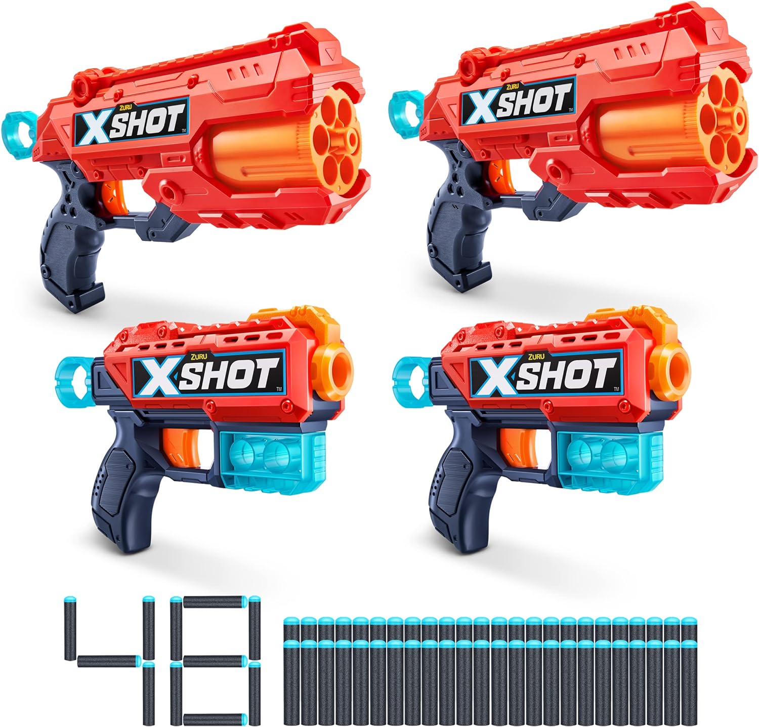 Excel 2 Reflex 6   2 Kickback (4 Pack   48 Darts   3 Shooting Targets) by ZURU, X-Shot Red Foam Dart Blaster, Toy Blaster, Rotating Barrels, Toys for Kids, Teens, Adults (Red)